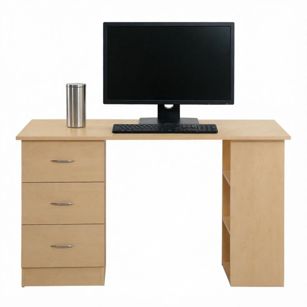 Bureau informatique 120 x 49 cm, bureau avec 3 tiroirs et 3 niches réversibles, MDF, Effet bois clair