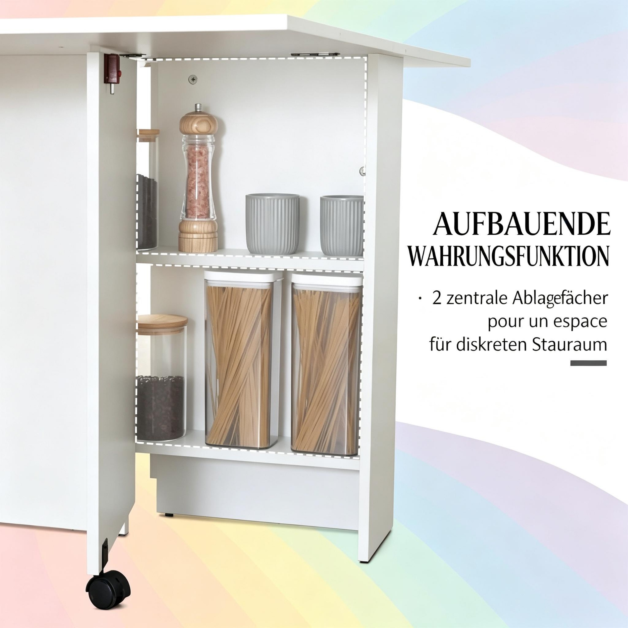 Table à manger pliante avec roulettes, rangement intégré et 2 étagères - vue 4