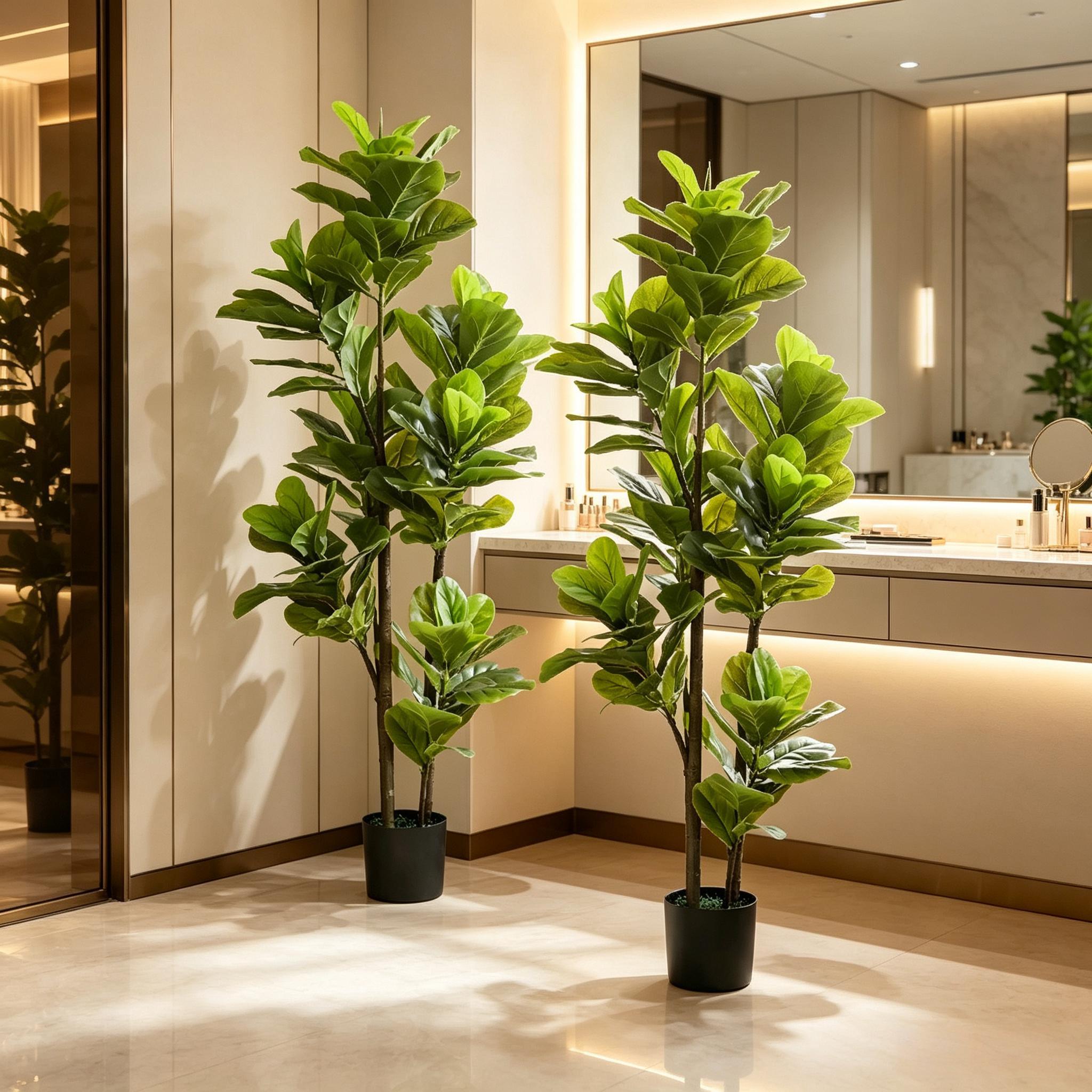 Lot de 2 figuiers lyre artificiels 150 cm avec pot lesté en ciment, feuilles PEVA, pour intérieur, Vert - vue principale