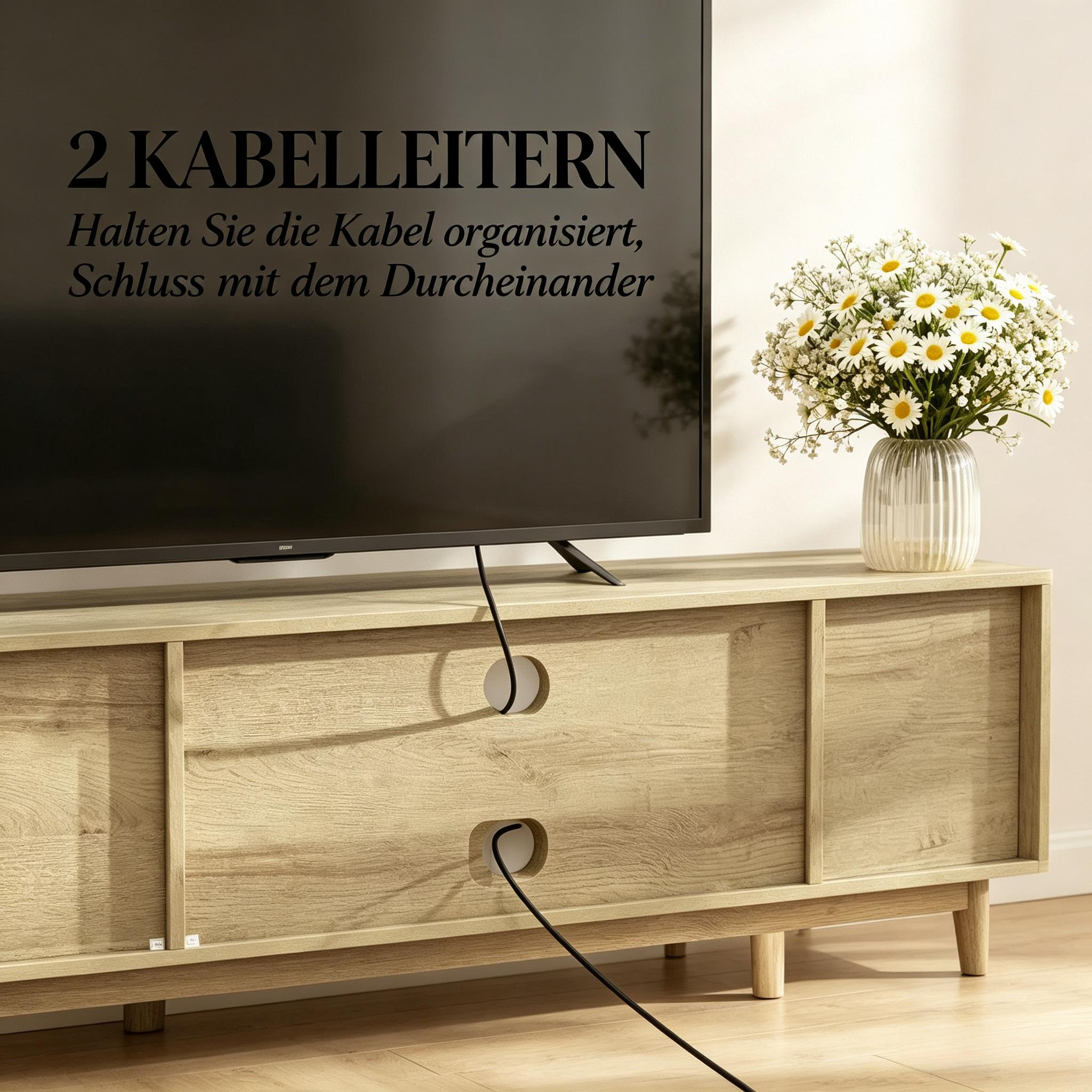 trous passe‑câbles 6 cm, étagères ouvertes et armoires latérales, largeur 135 cm pour TV jusqu’à 65 pouces