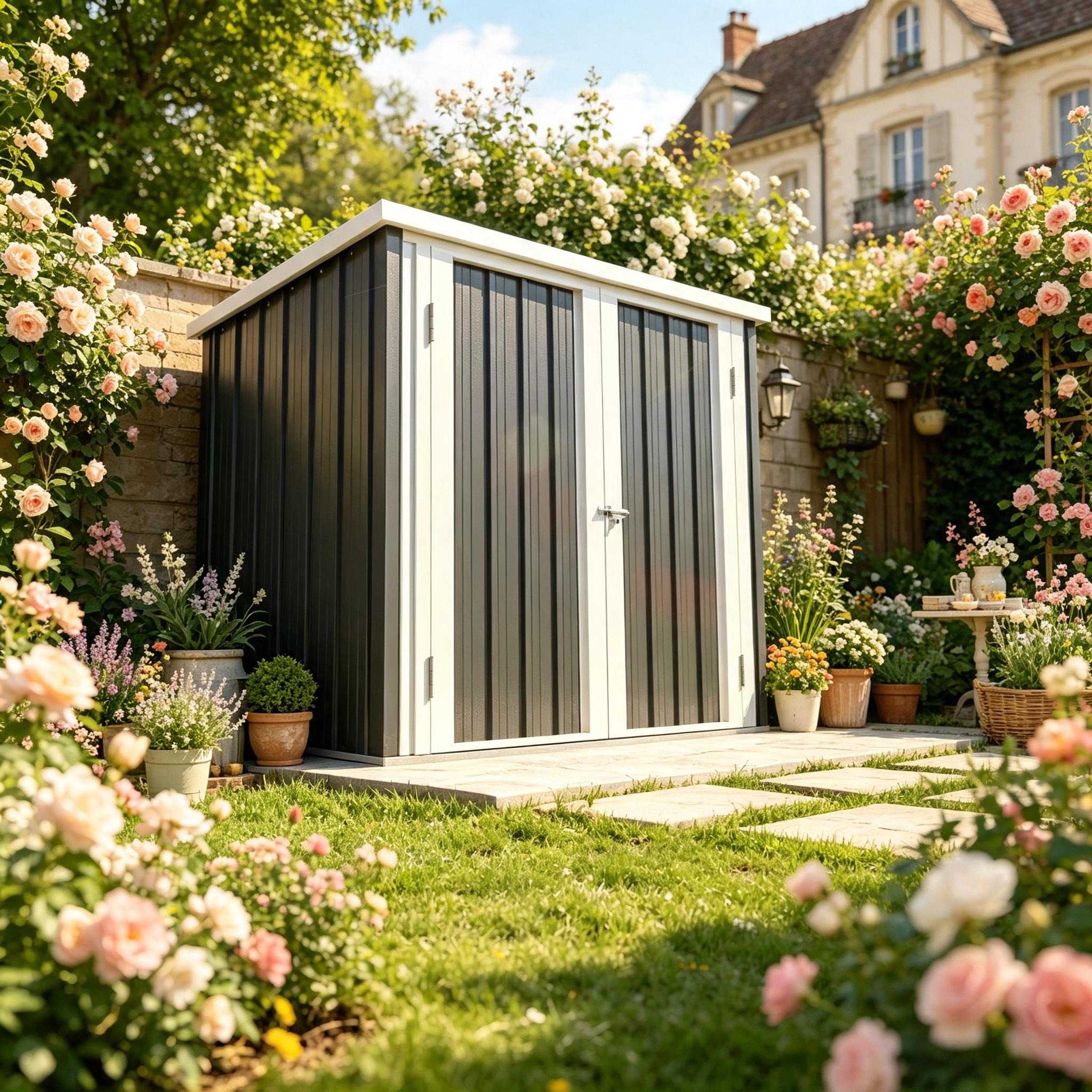 Abri de jardin 147 x 86 x 134 cm, double porte verrouillable, toit incliné, acier et polypropylène, Noir et blanc - vue principale