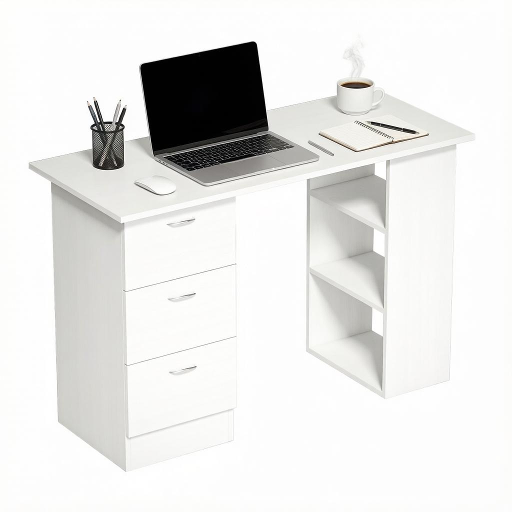 Bureau informatique 120 x 49 cm, bureau avec 3 tiroirs et 3 niches réversibles, MDF, Blanc