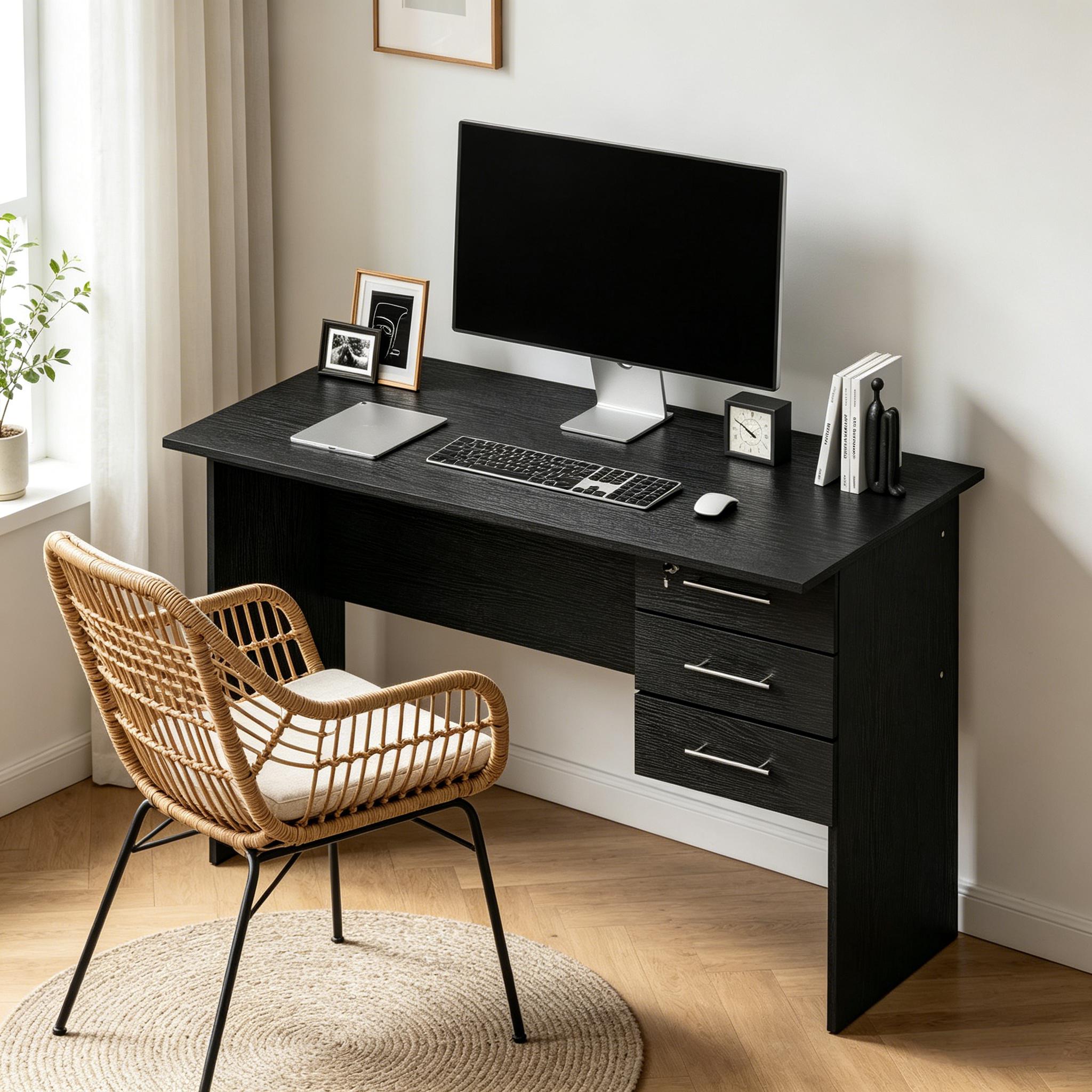 Bureau en bois 120 x 60 cm, bureau informatique avec 3 tiroirs dont 1 verrouillable, plateau mélaminé, Noir