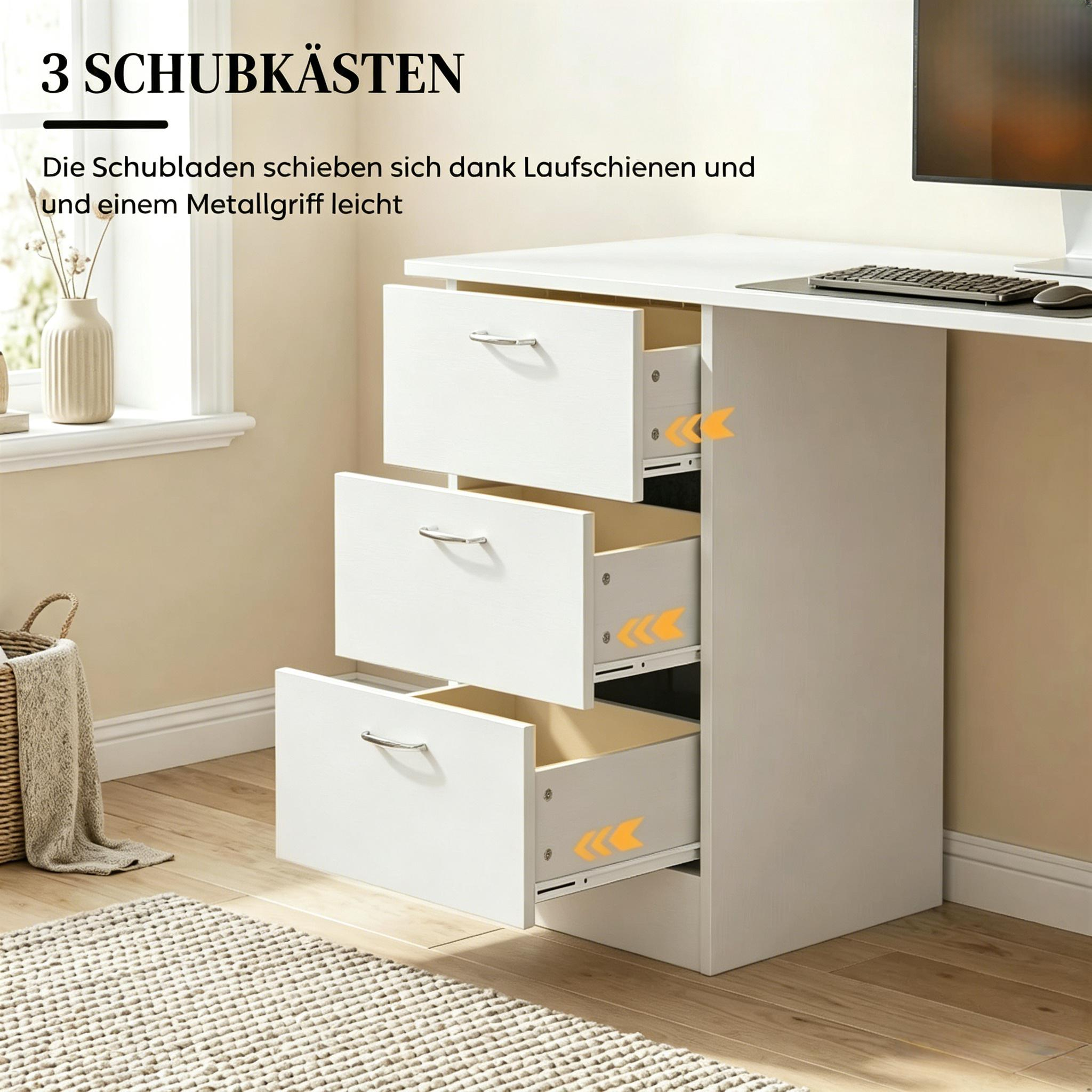 Bureau informatique 120 x 49 cm, bureau avec 3 tiroirs et 3 niches réversibles, MDF, Blanc
