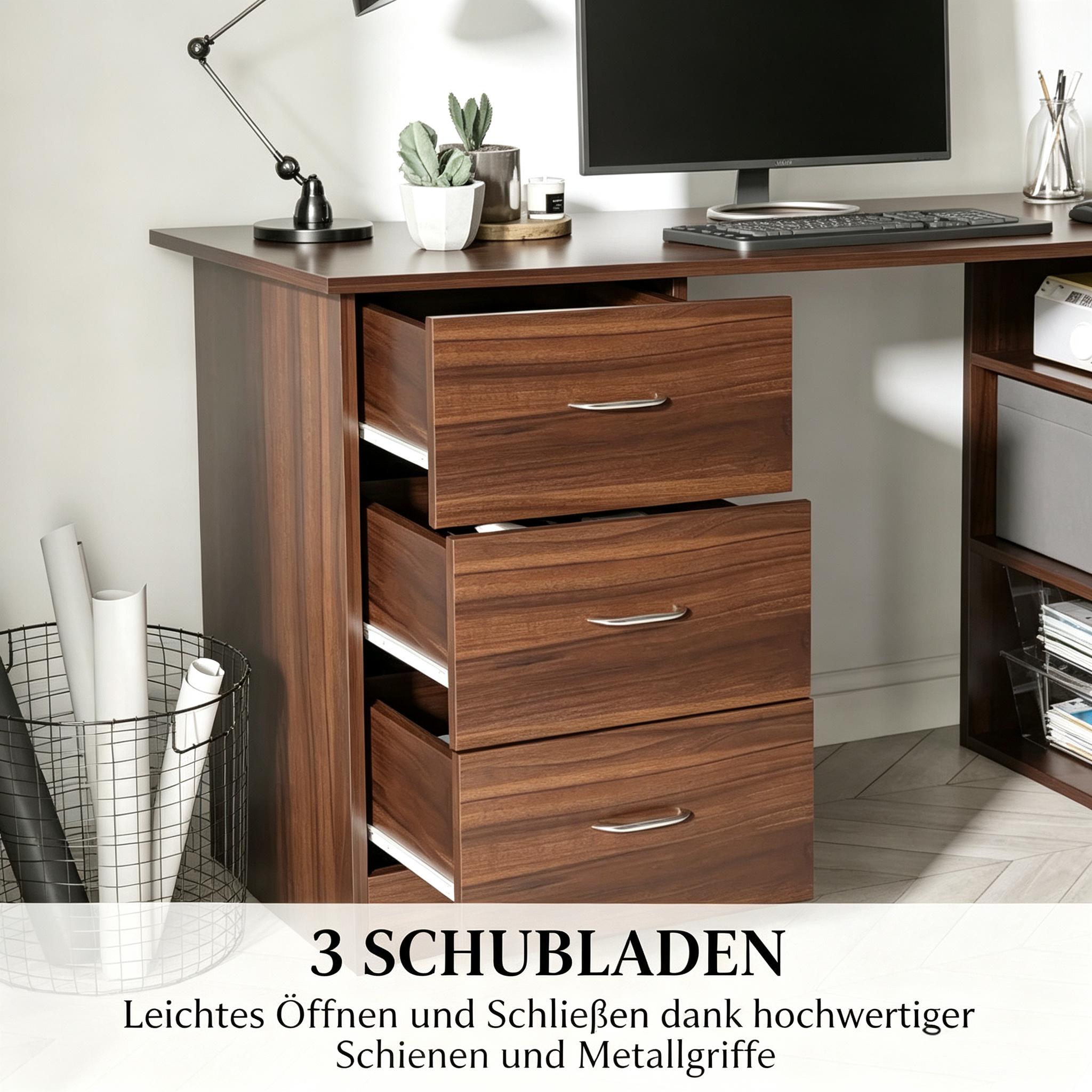 Bureau informatique 120 x 49 cm, bureau avec 3 tiroirs et 3 niches réversibles, MDF, Effet noyer