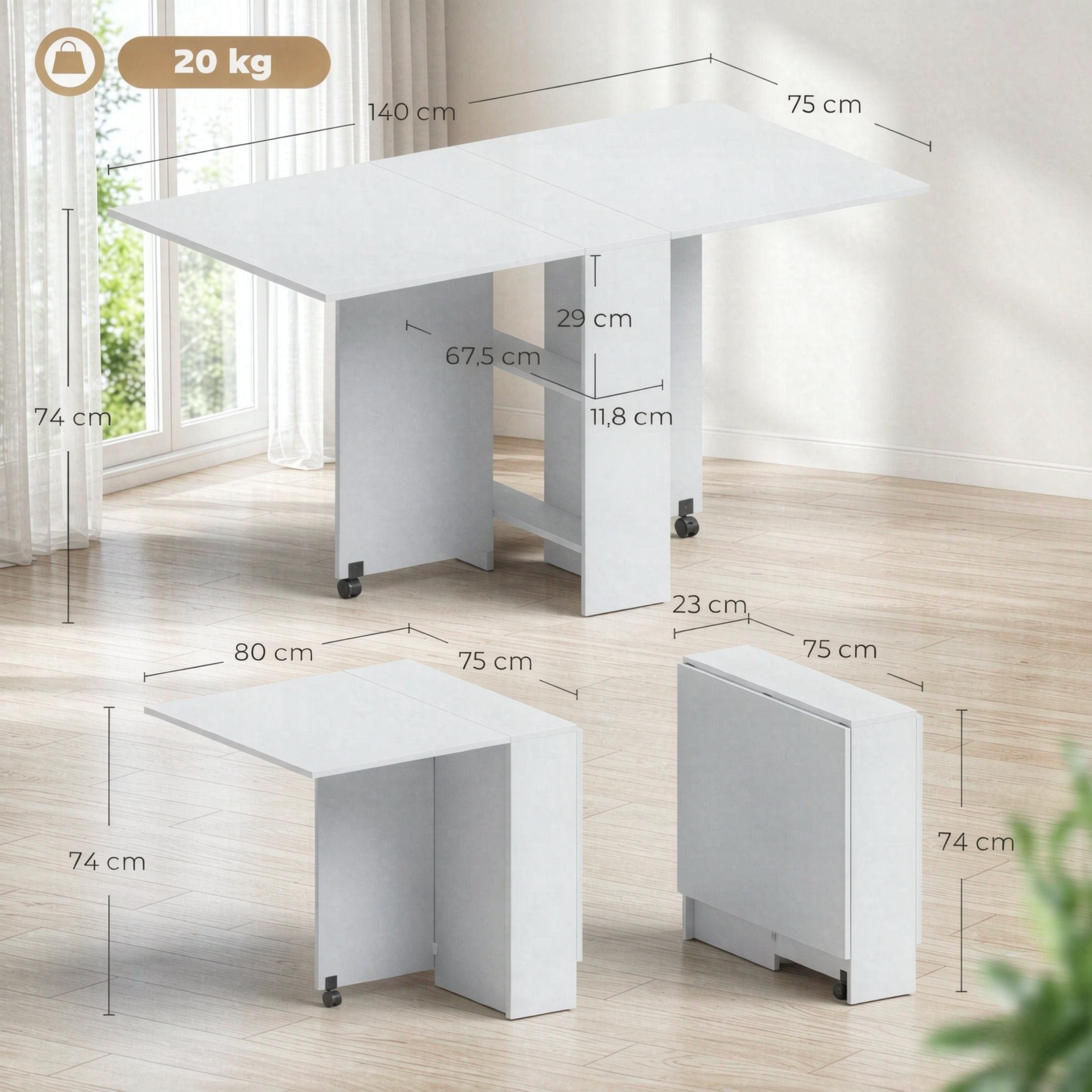 Table à manger pliante avec roulettes, rangement intégré et 2 étagères - vue 5