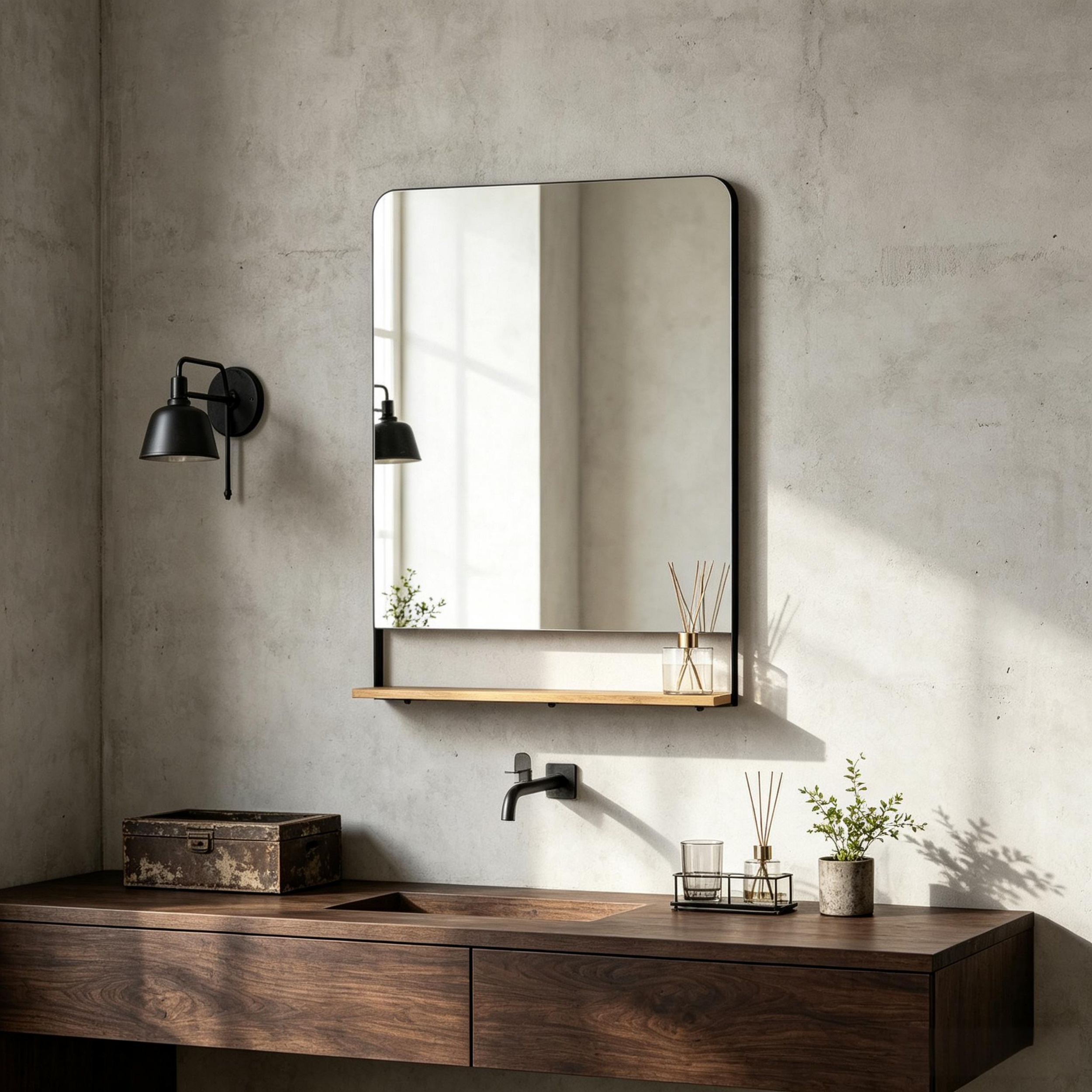 Miroir mural cadre noir avec tablette bois entrée couloir