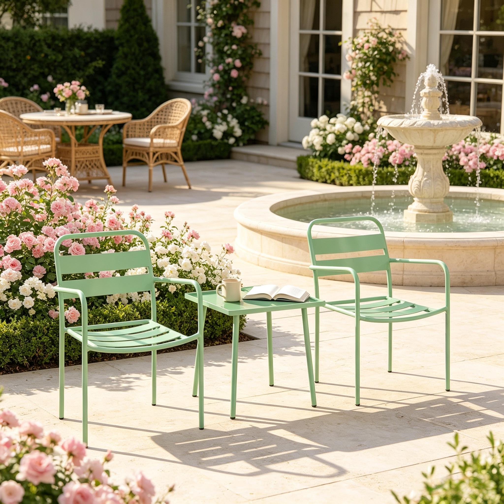 Ensemble de jardin 3 pièces avec 2 fauteuils et 1 table carrée, acier et verre trempé, Vert - vue principale