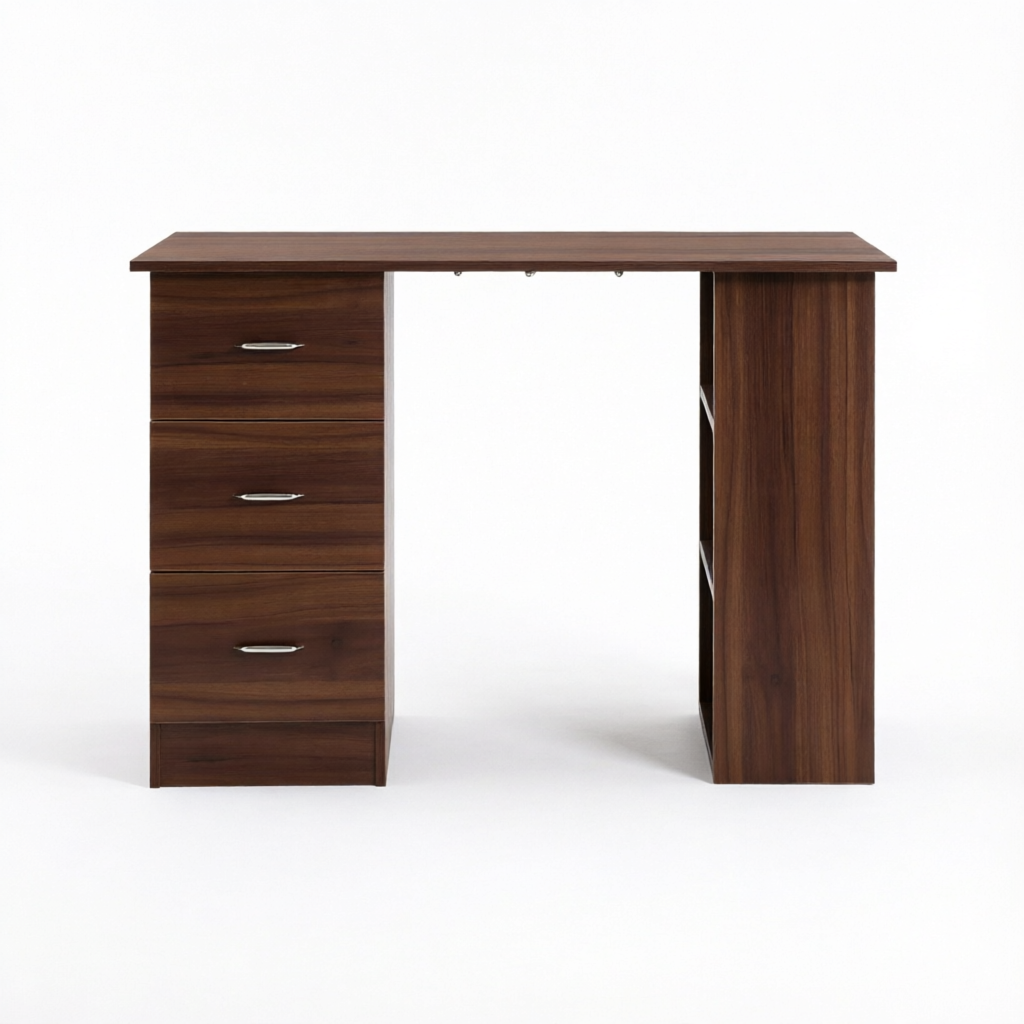 Bureau informatique 120 x 49 cm, bureau avec 3 tiroirs et 3 niches réversibles, MDF, Effet noyer
