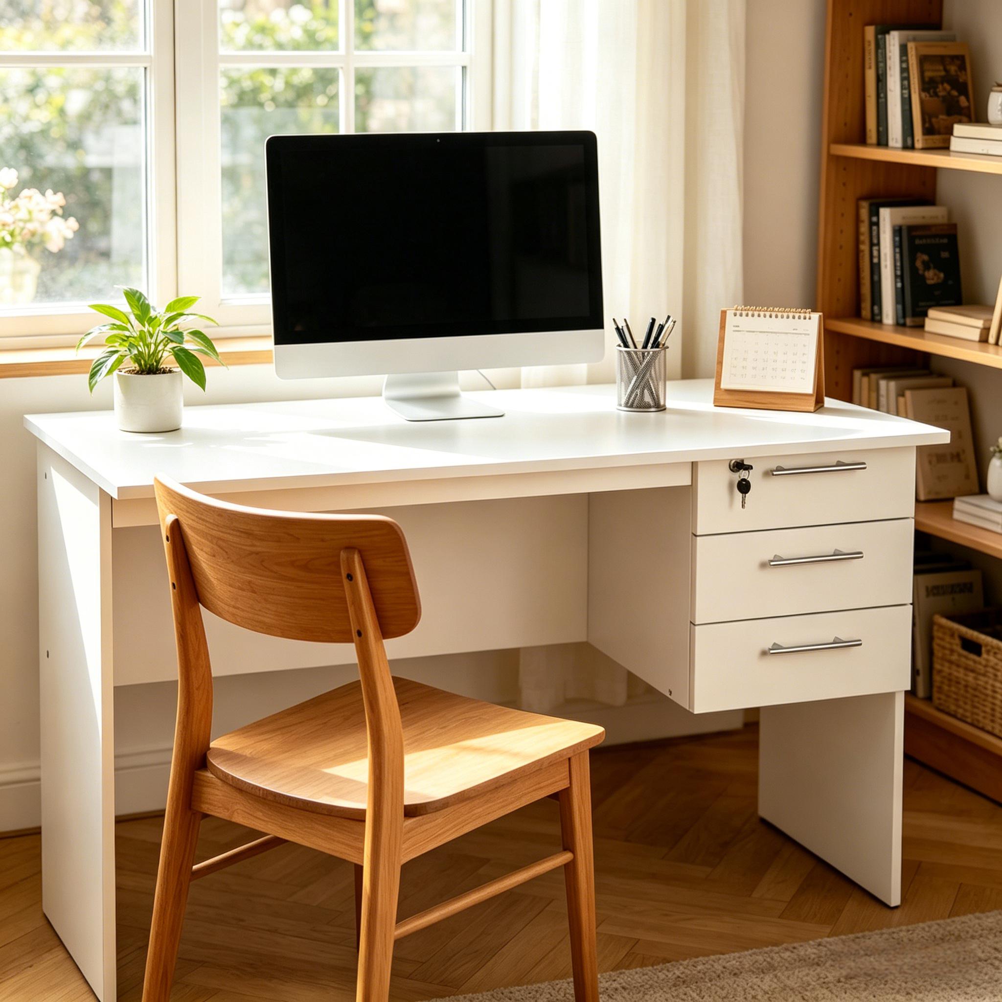 Bureau en bois 120 x 60 cm, bureau informatique avec 3 tiroirs dont 1 verrouillable, plateau mélaminé, Blanc
