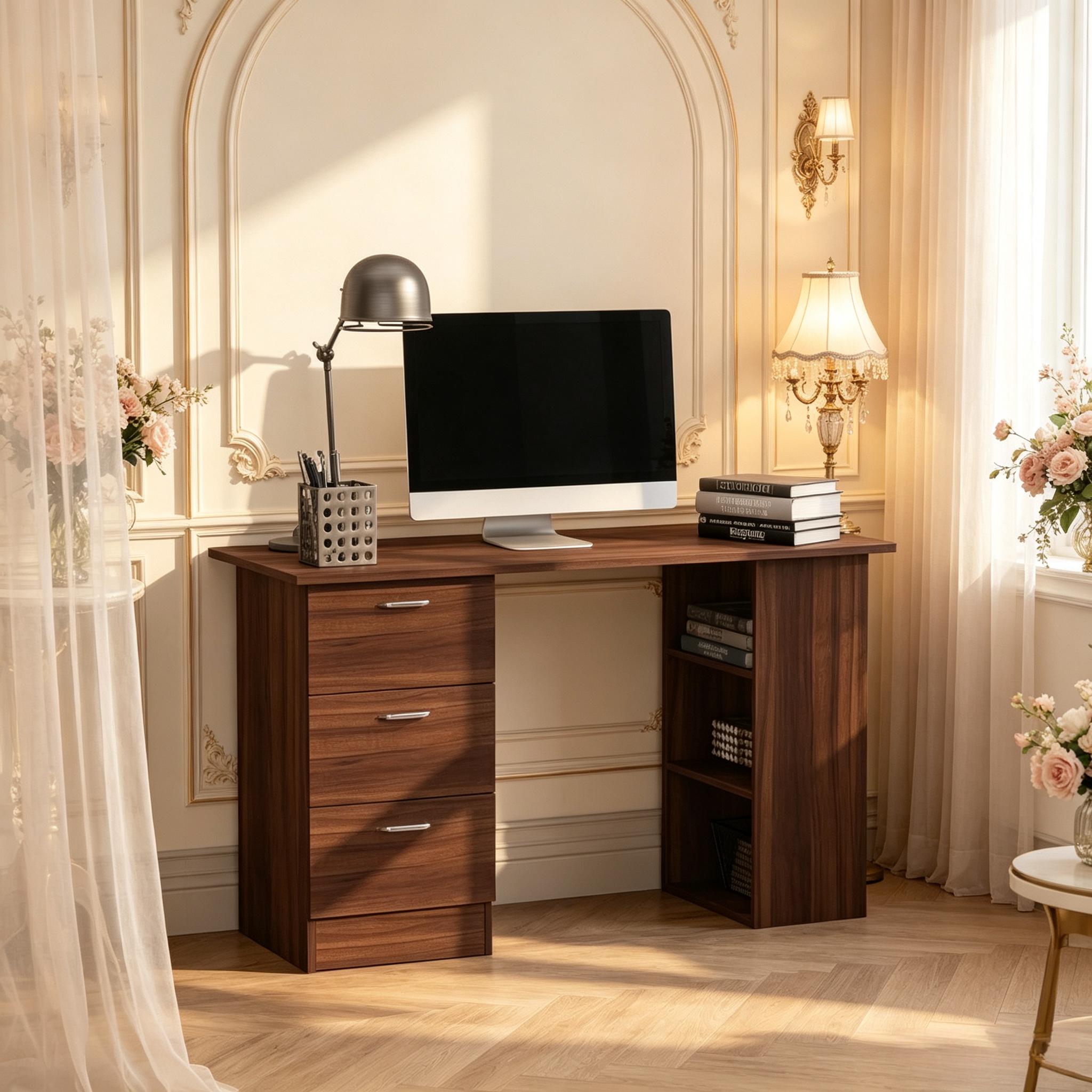 Bureau informatique 120 x 49 cm, bureau avec 3 tiroirs et 3 niches réversibles, MDF, Effet noyer