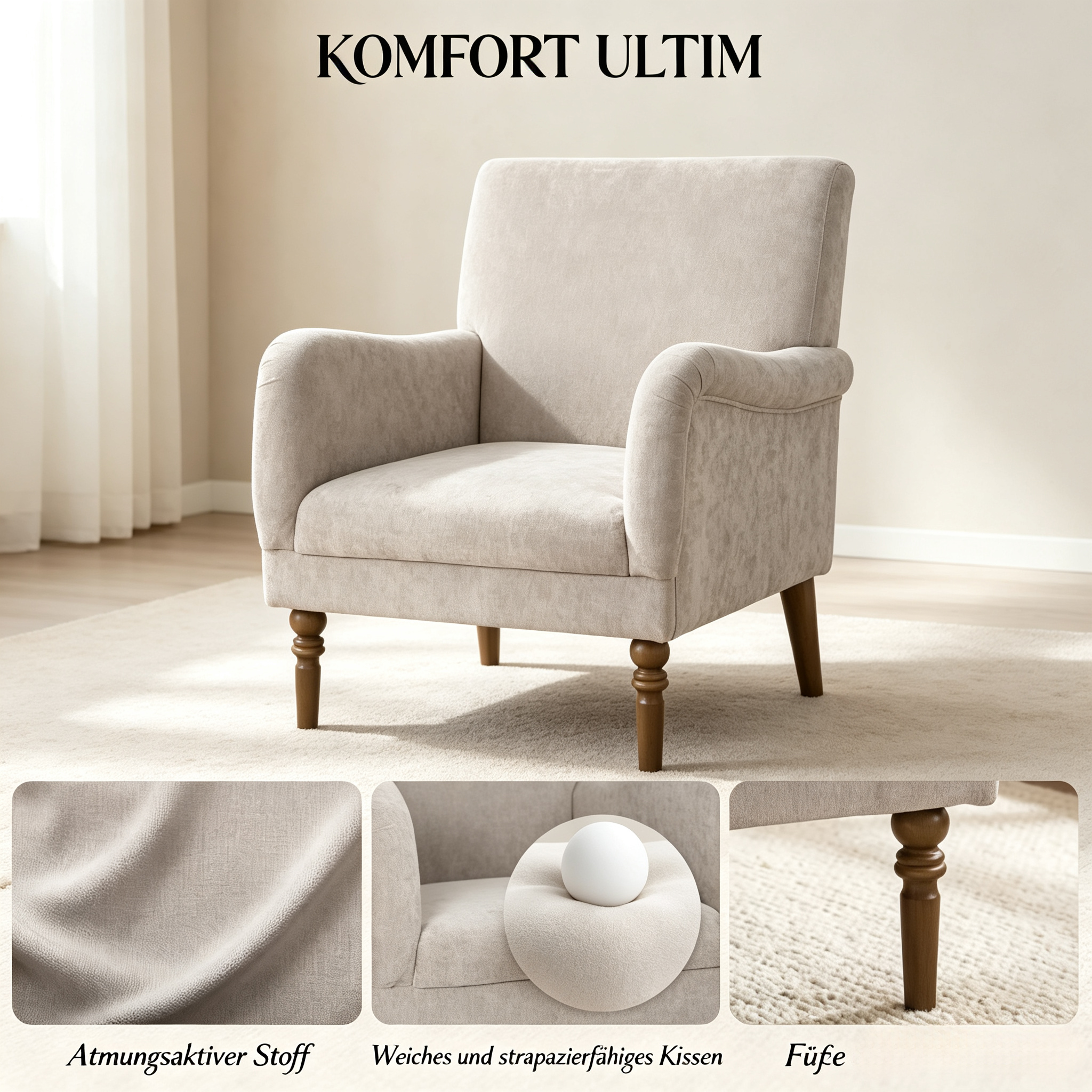 Fauteuil 1 place à dossier haut, 70 x 75 x 88 cm, revêtement en lin, Gris - dimensions et détails