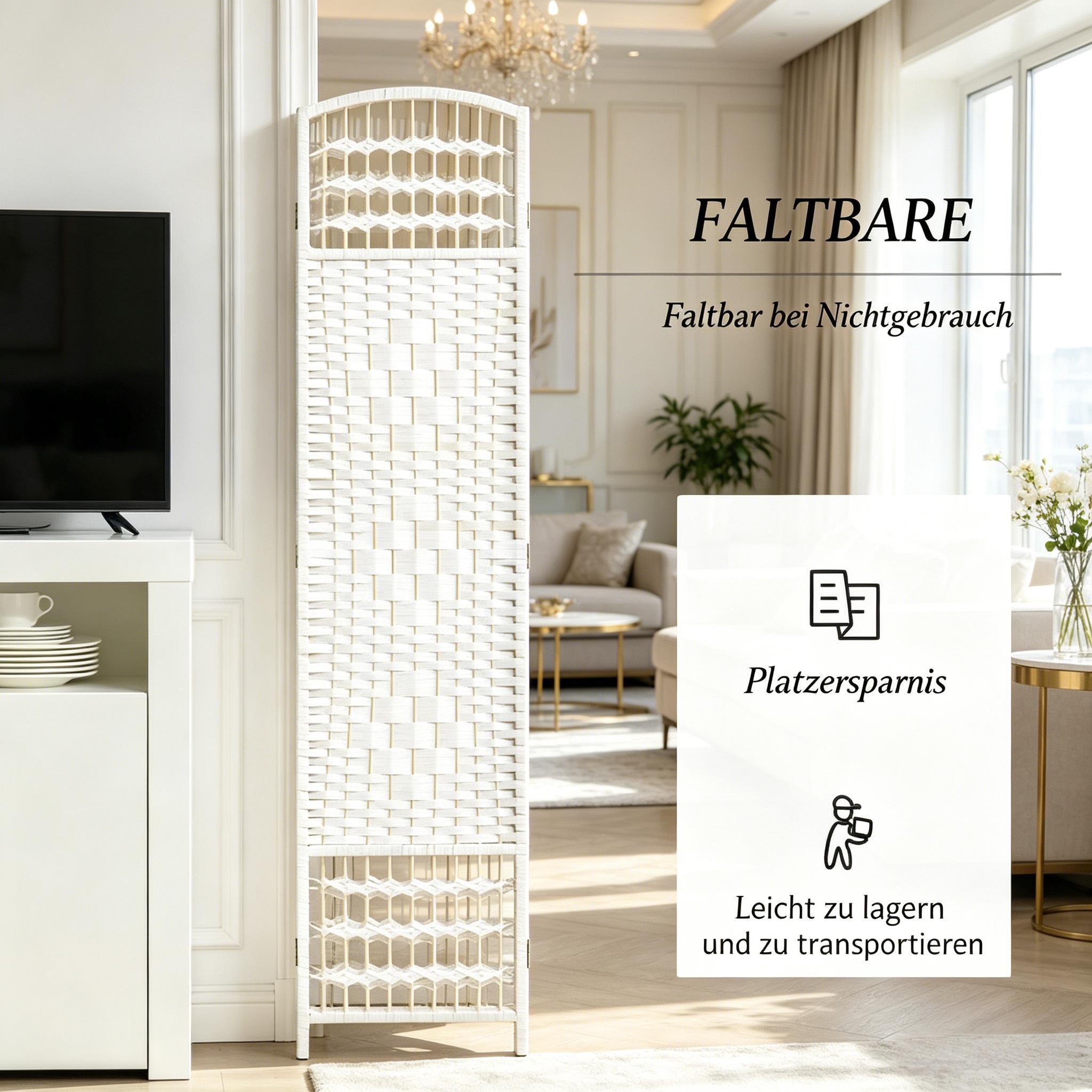 Paravent pliable 6 panneaux 242 x 170 cm, corde en papier et bois massif, 15 charnières métal, Blanc - vue principale
