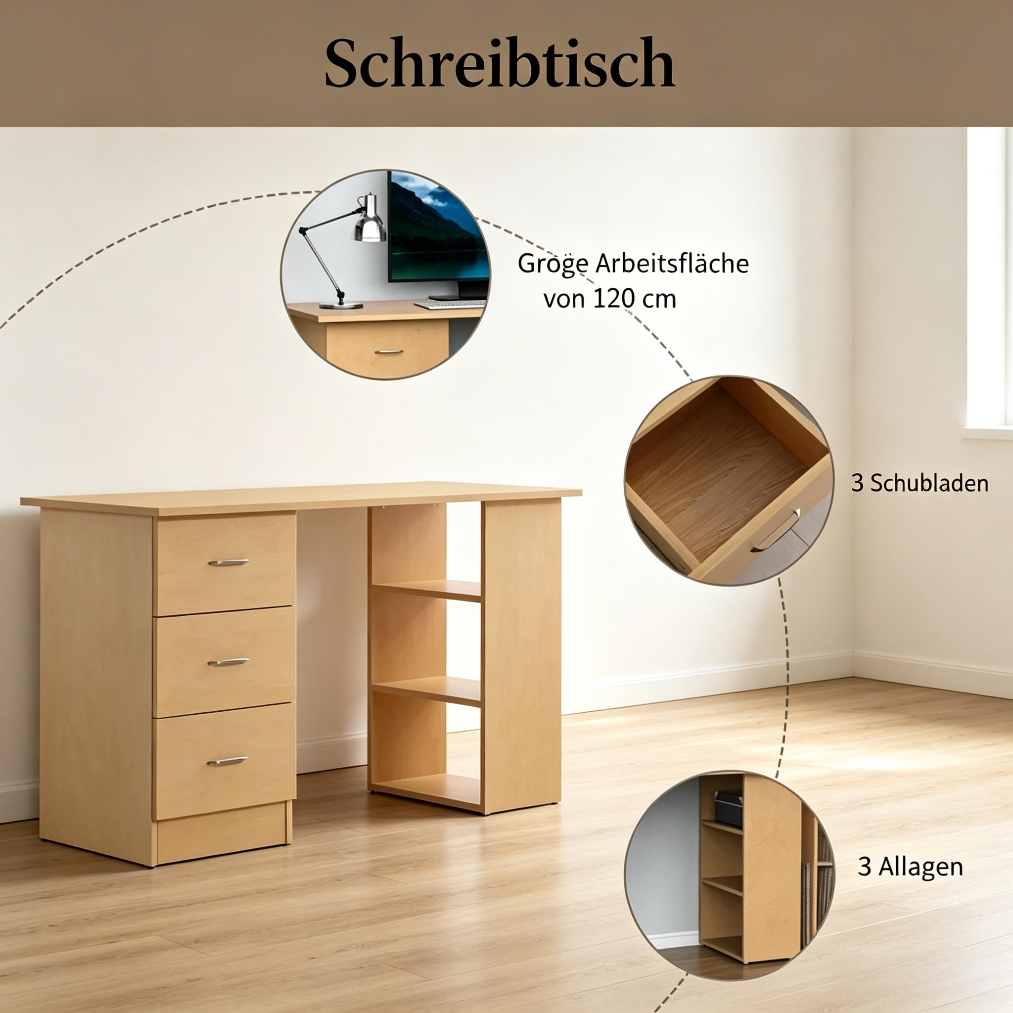 Bureau informatique 120 x 49 cm, bureau avec 3 tiroirs et 3 niches réversibles, MDF, Effet bois clair