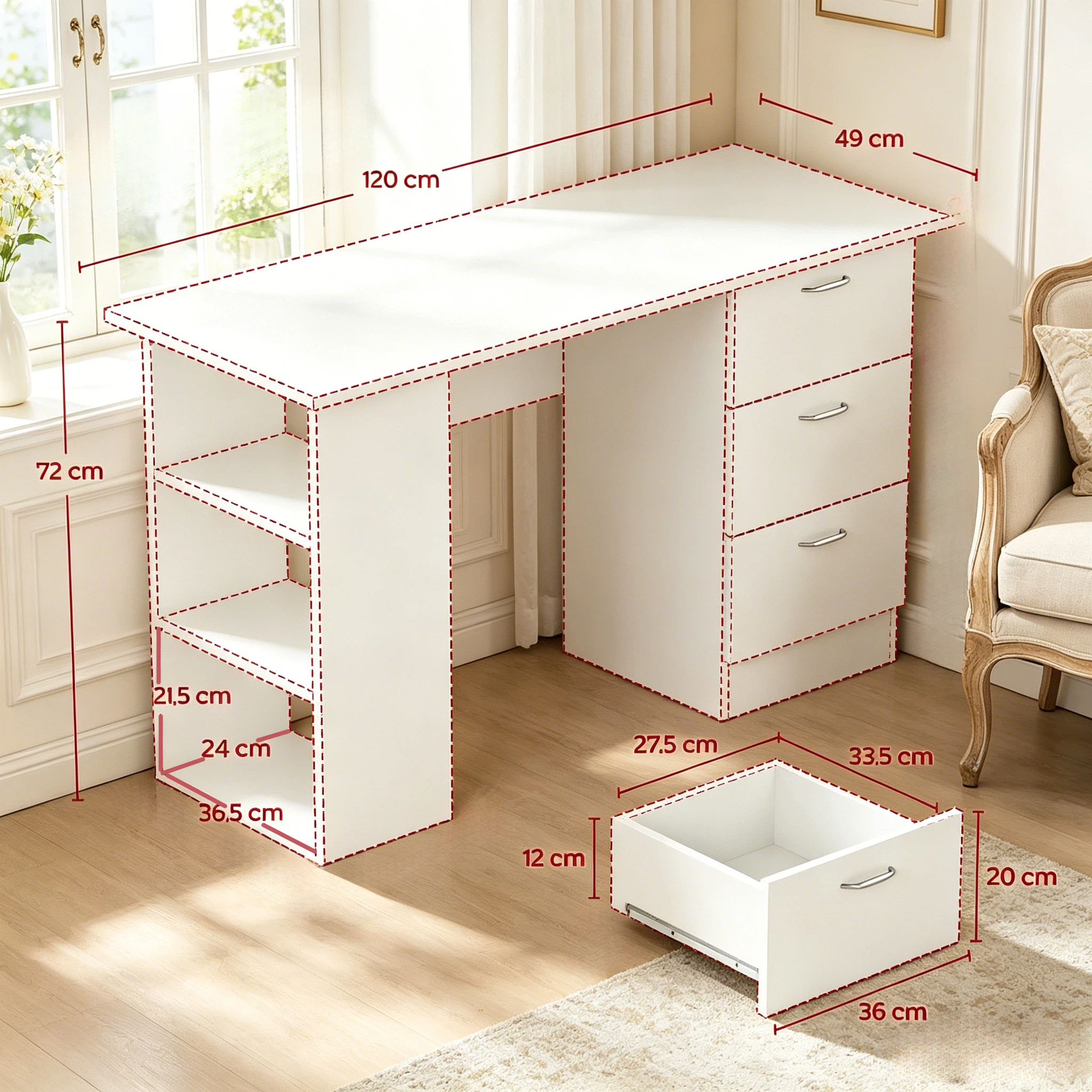 Bureau informatique 120 x 49 cm, bureau avec 3 tiroirs et 3 niches réversibles, MDF, Blanc