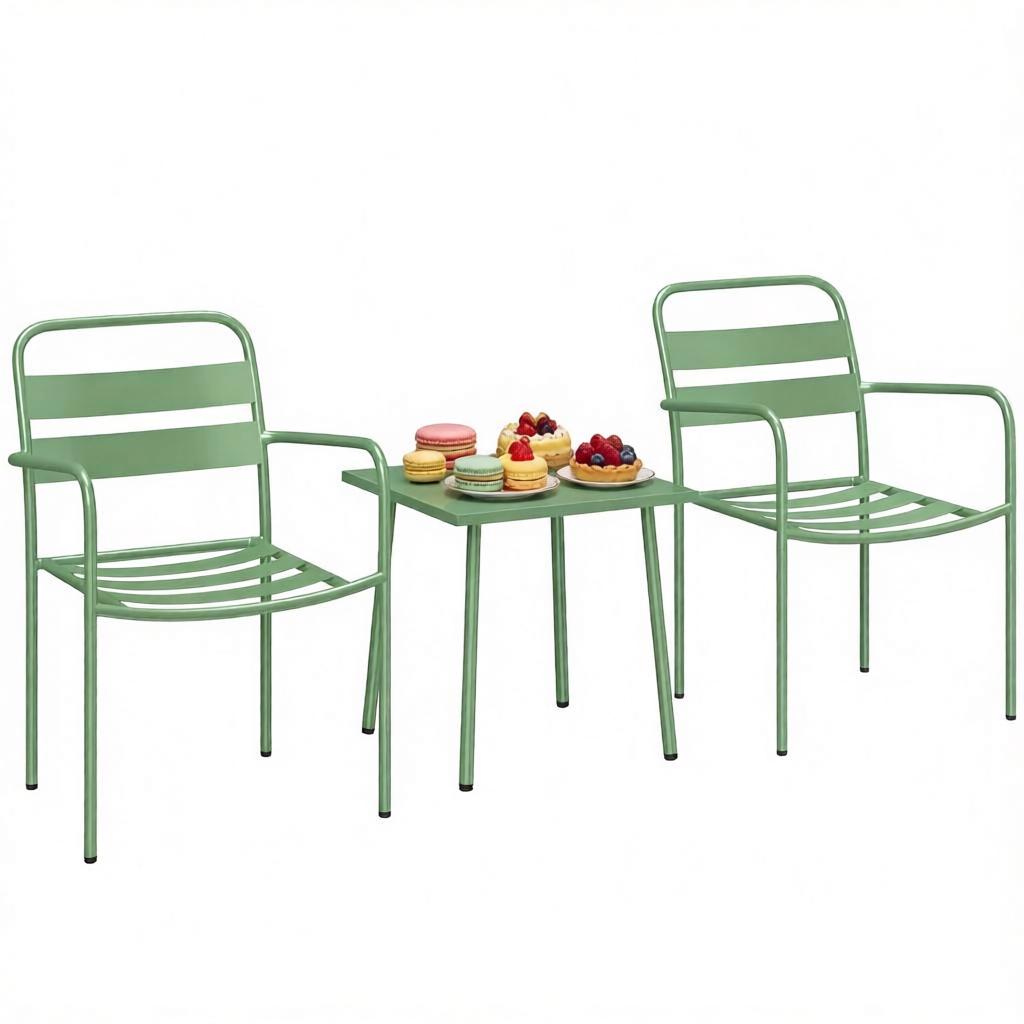 Ensemble de jardin 3 pièces avec 2 fauteuils et 1 table carrée, acier et verre trempé, Vert - détails