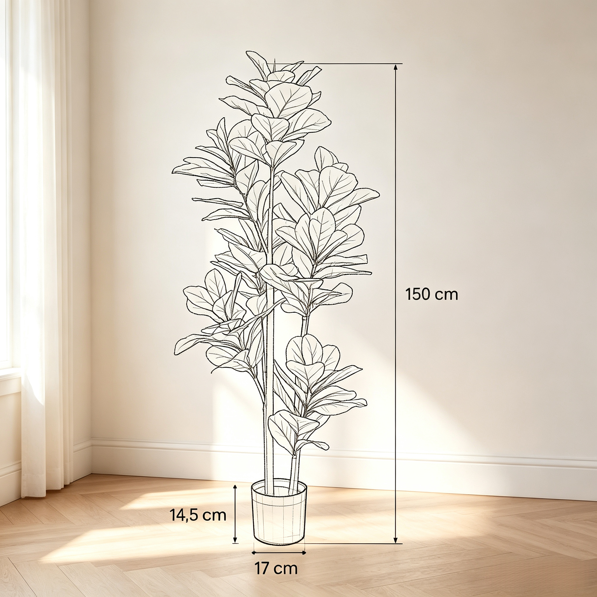 Lot de 2 figuiers lyre artificiels 150 cm avec pot lesté en ciment, feuilles PEVA, pour intérieur, Vert - détails