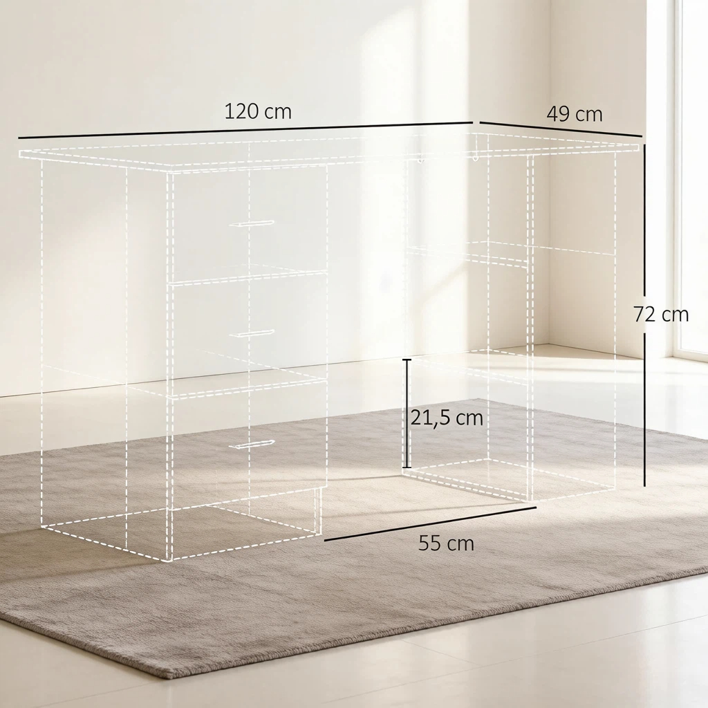 Bureau informatique 120 x 49 cm, bureau avec 3 tiroirs et 3 niches réversibles, MDF, Effet noyer