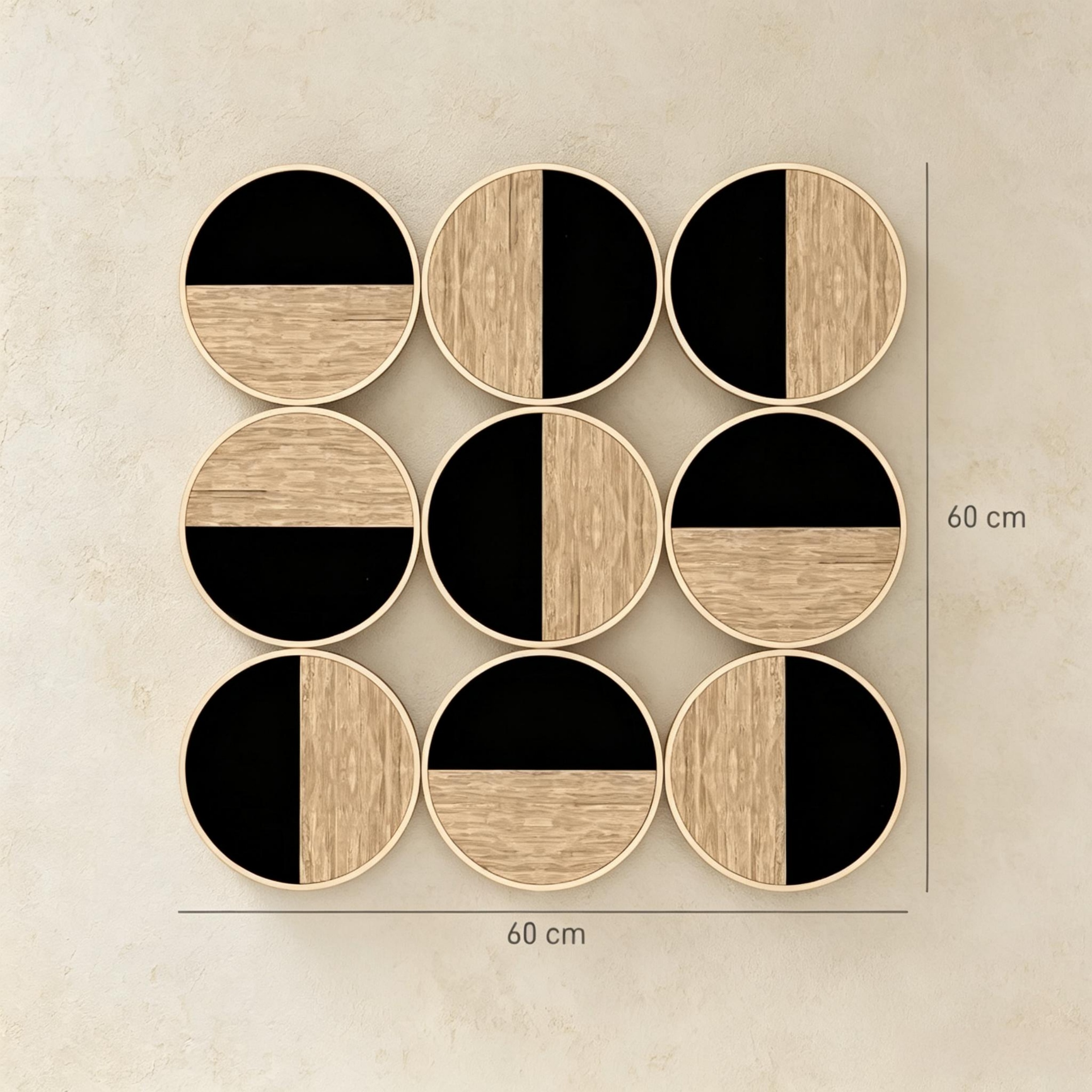 Décoration murale 3D 9 cercles mix bois noir doré miroirs 60x60cm