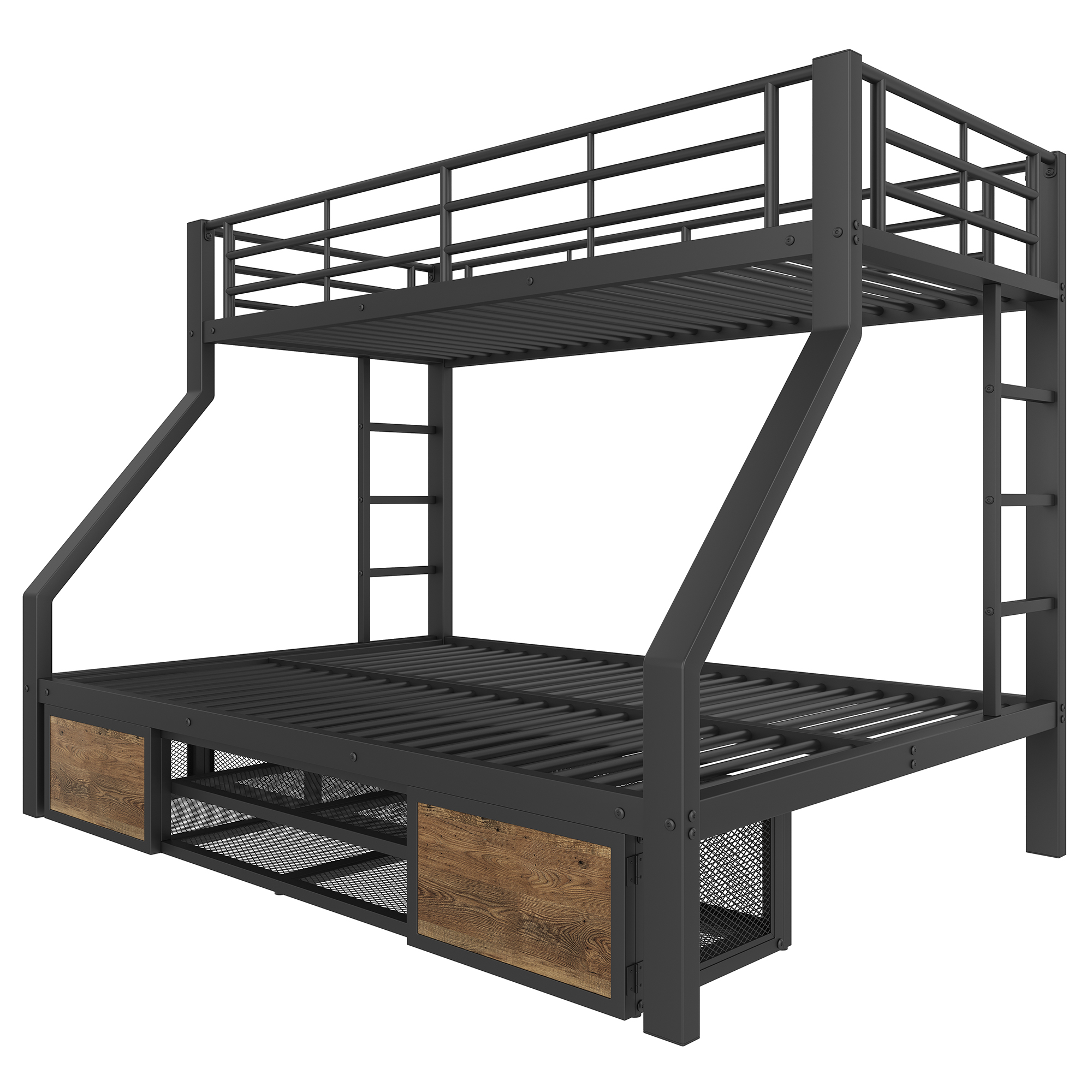 Lit superposé 90x200 et 140x200 cm avec rangement métal, MDF noir - vue complémentaire 1