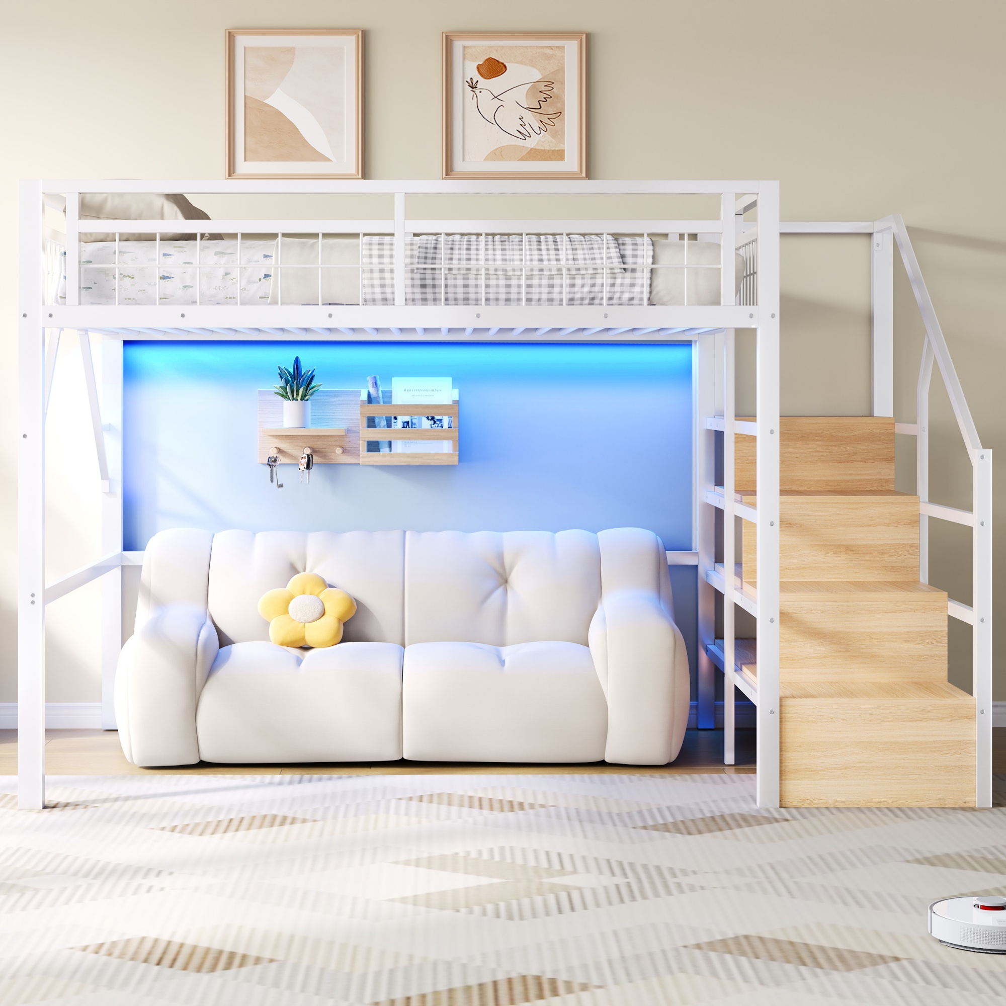 Lit mezzanine 140x200 cm avec rangement, LED métal, MDF blanc - vue complémentaire 1