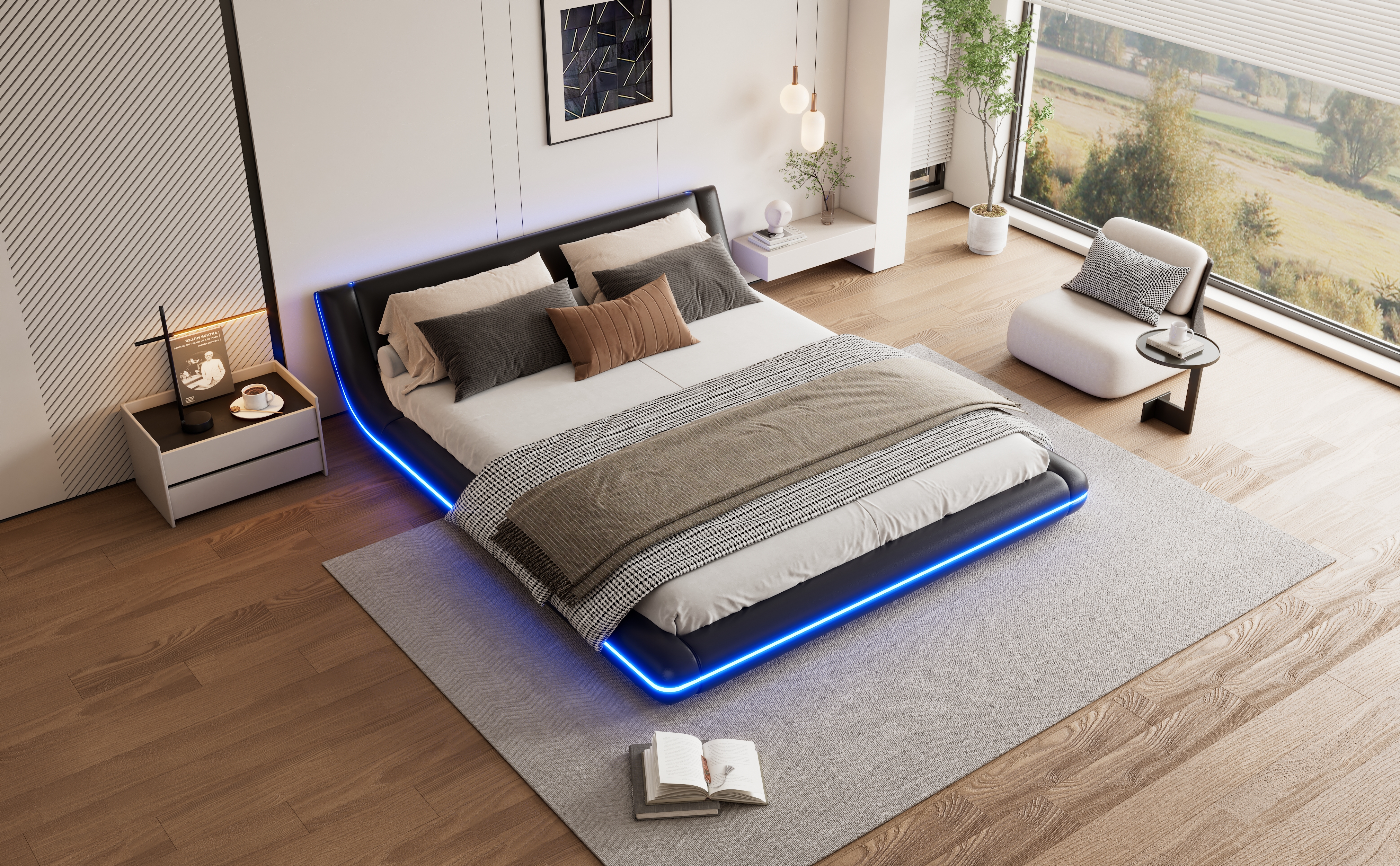 Lit au sol en PU et MDF avec LED changeantes contrôlable app, pour chambre, structure stable, ambiance romantique, design moderne, matériau durable, confort et technologie, style fonctionnel élégant - image 16