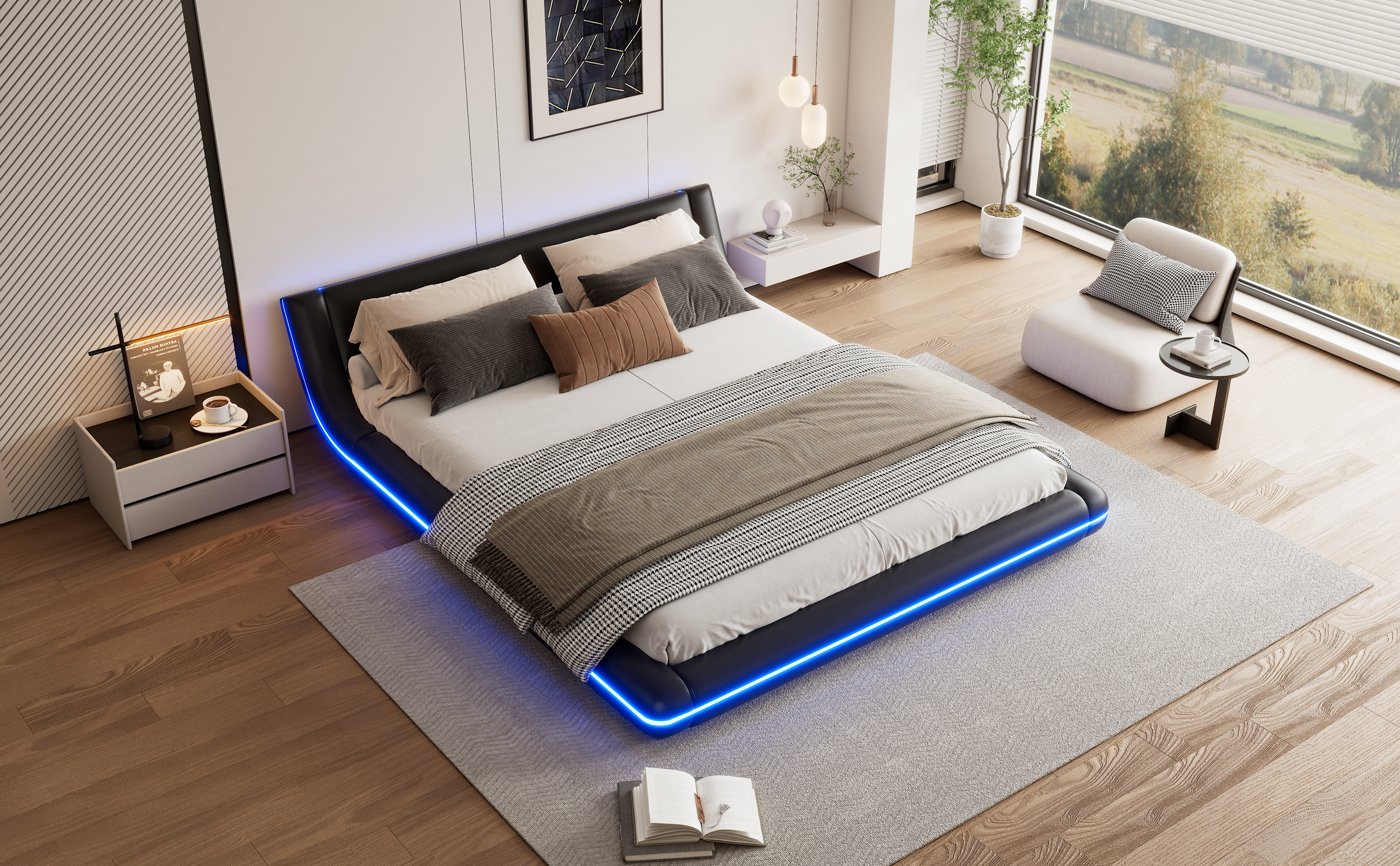 Lit au sol en PU et MDF avec LED changeantes contrôlable app, pour chambre, structure stable, ambiance romantique, design moderne, matériau durable, confort et technologie, style fonctionnel élégant - image 13