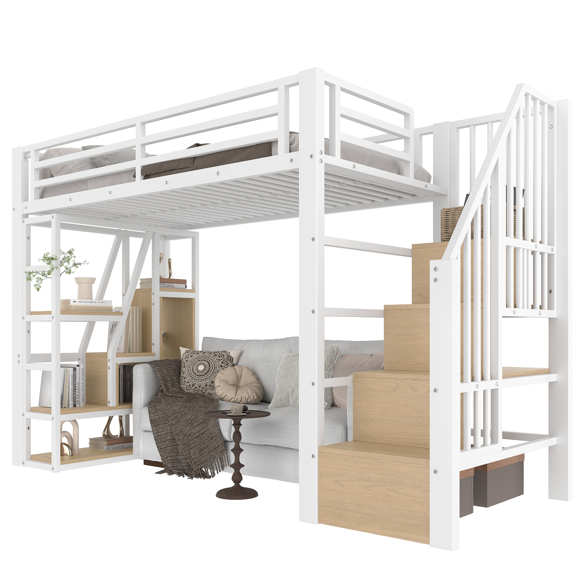 Lit mezzanine 90 x 200 cm avec éclairage LED, rangements intégrés, blanc - points forts 1