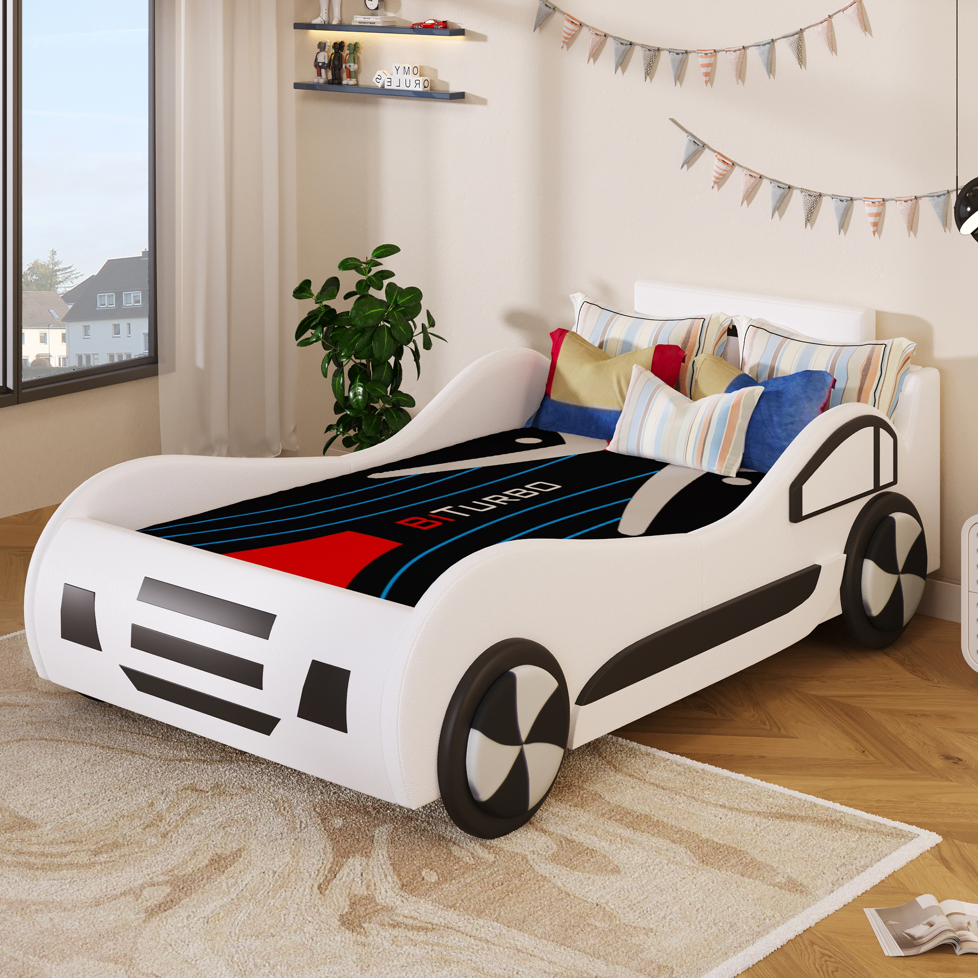 Détail du lit enfant voiture blanc avec tête de lit cockpit