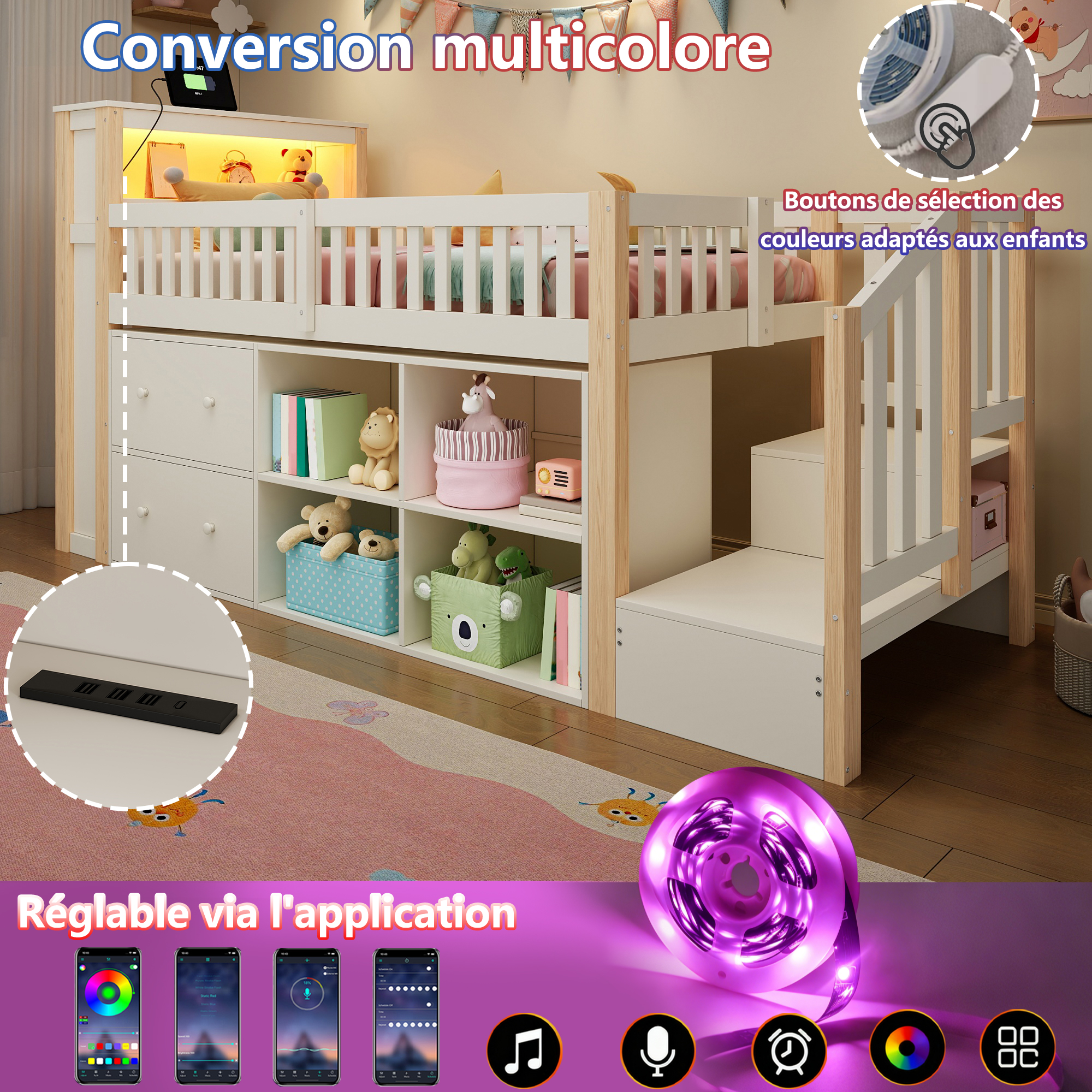 Bande LED multicolore du lit mezzanine