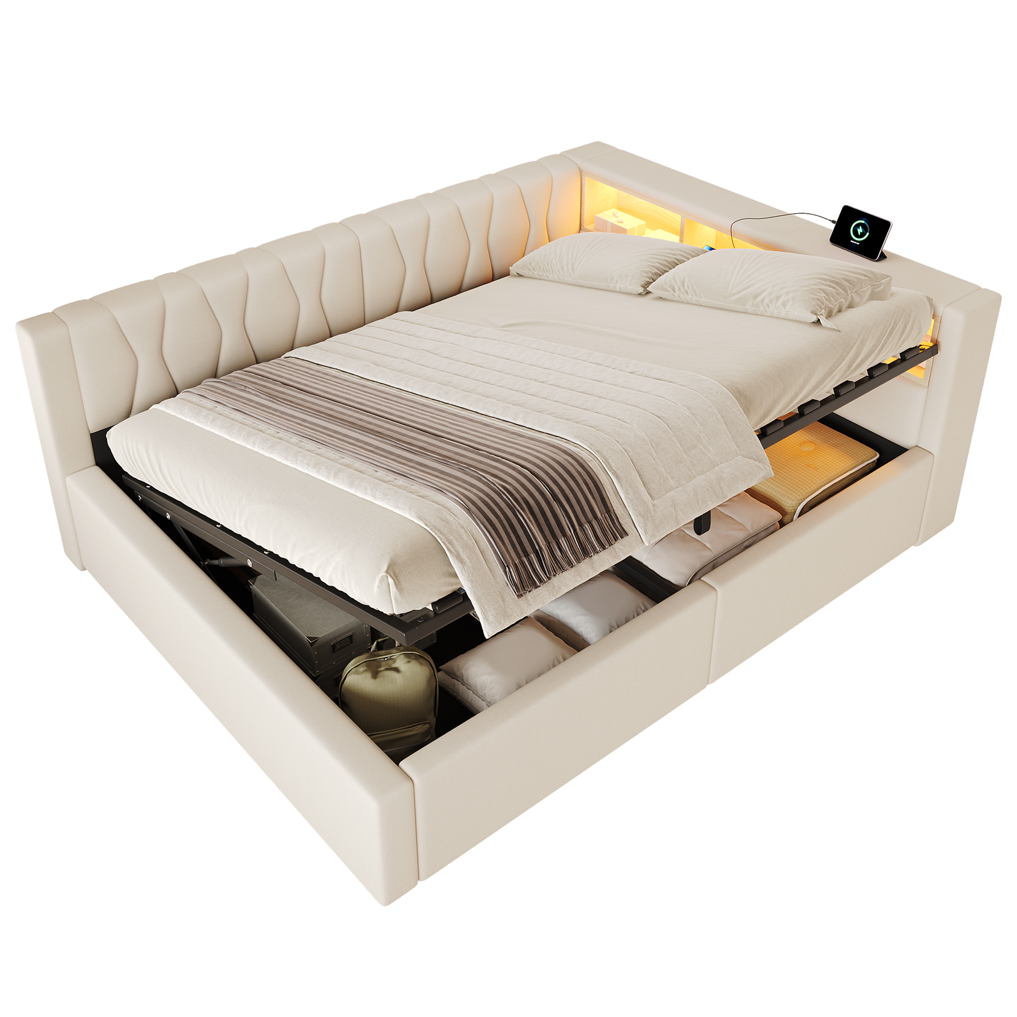 Détails de Lit banquette rembourré en lin 140 x 200 cm avec rangement hydraulique, LED et ports USB-C, Beige, sans matelas