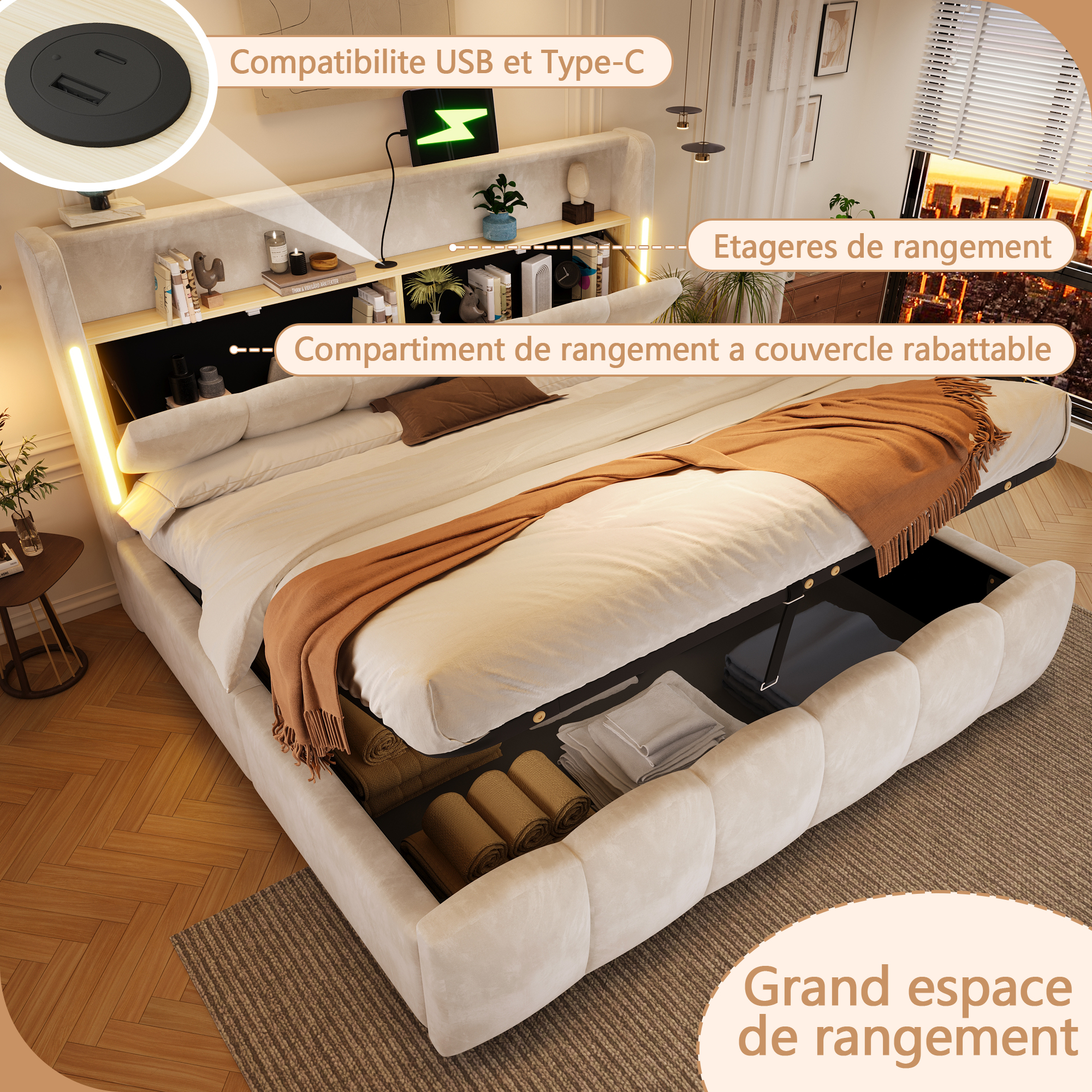 Présentation de Lit coffre rembourré en velours 180 x 200 cm avec rangement hydraulique, LED, ports USB-C et tête de lit avec rangement, Beige, sans matelas