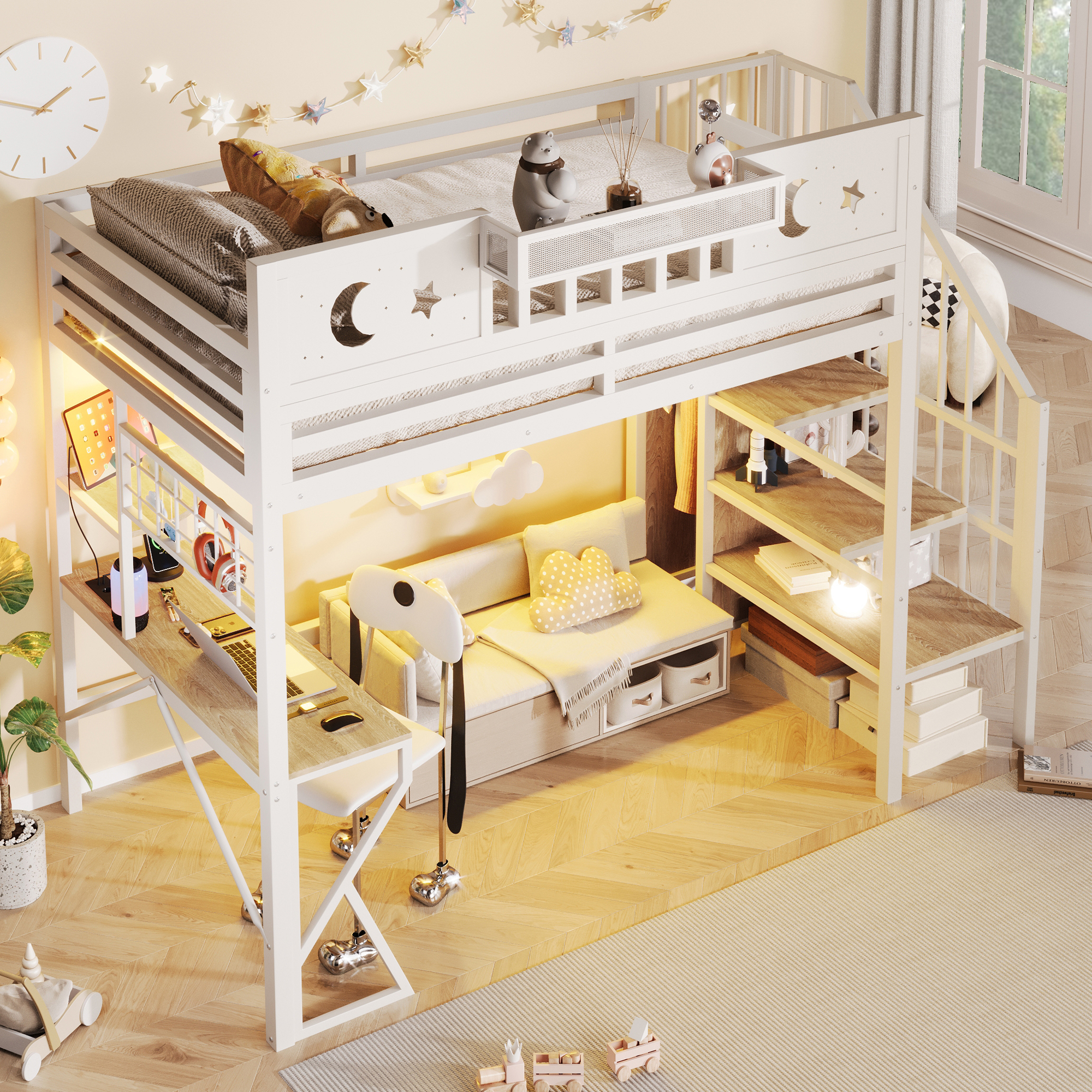 Lit mezzanine 90 x 200 cm, bureau intégré, échelle, éclairage LED au niveau du bureau, prise intégrée, métal et MDF, blanc, 255 x 109 x 187 cm - présentation 1