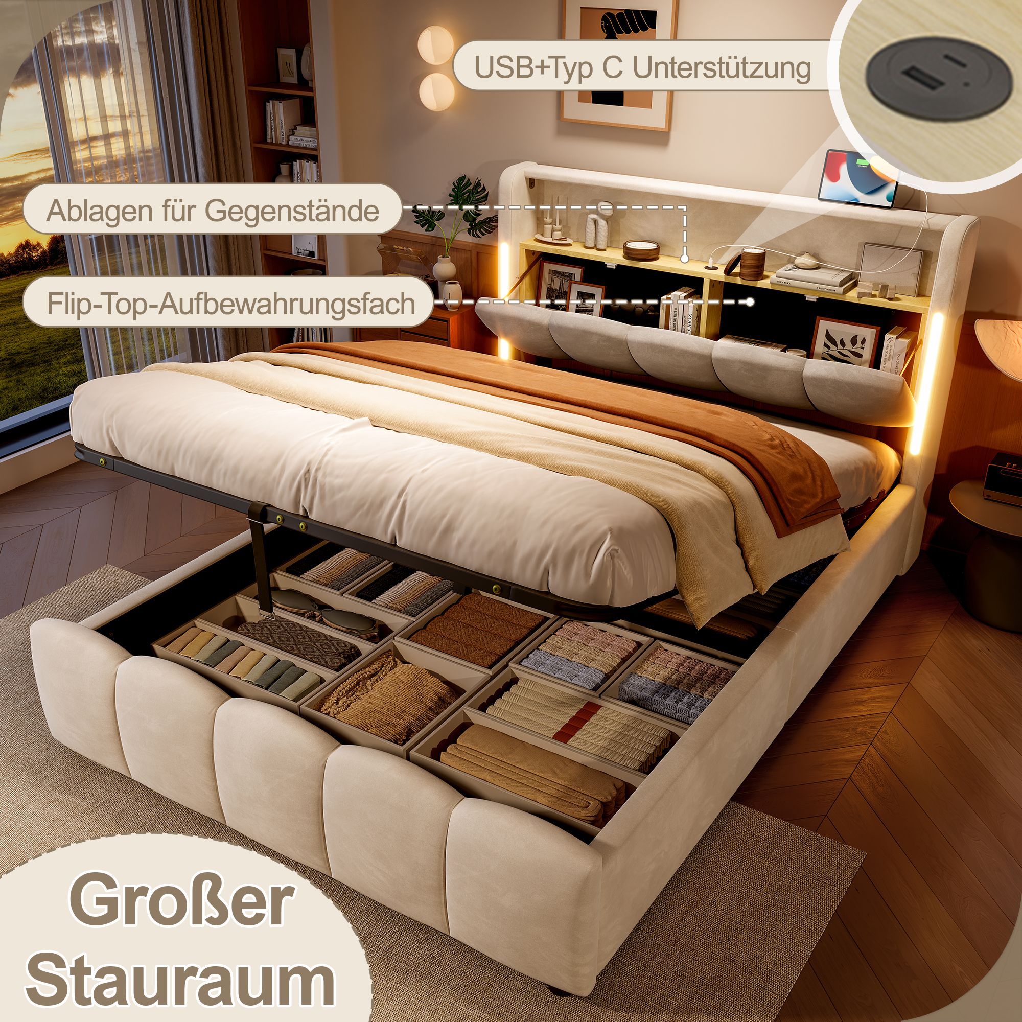 Présentation de Lit coffre rembourré en velours 140 x 200 cm avec rangement hydraulique, LED, ports USB-C et tête de lit avec rangement, Beige, sans matelas