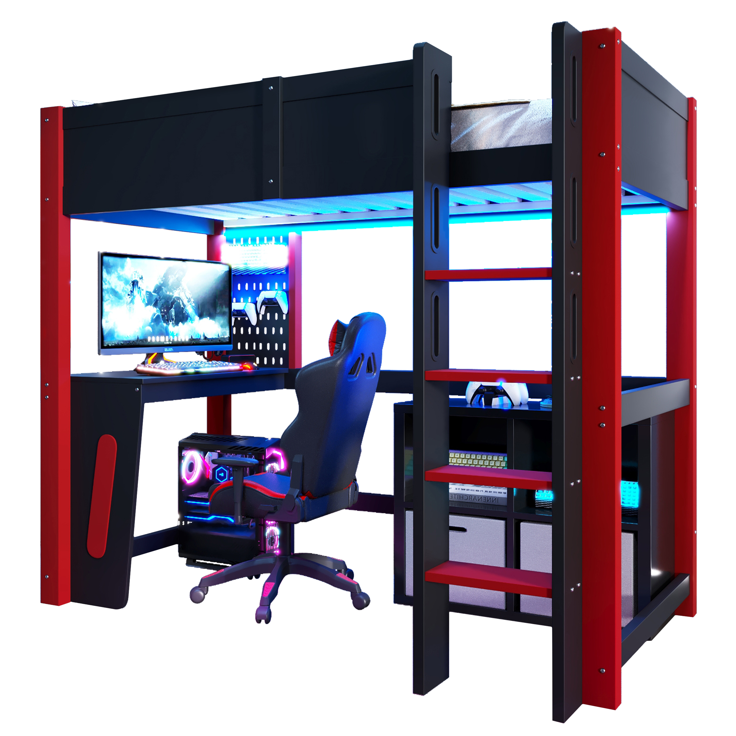 Lit mezzanine 90 x 200 cm avec bureau, LED, MDF et pin, Noir - fonctions