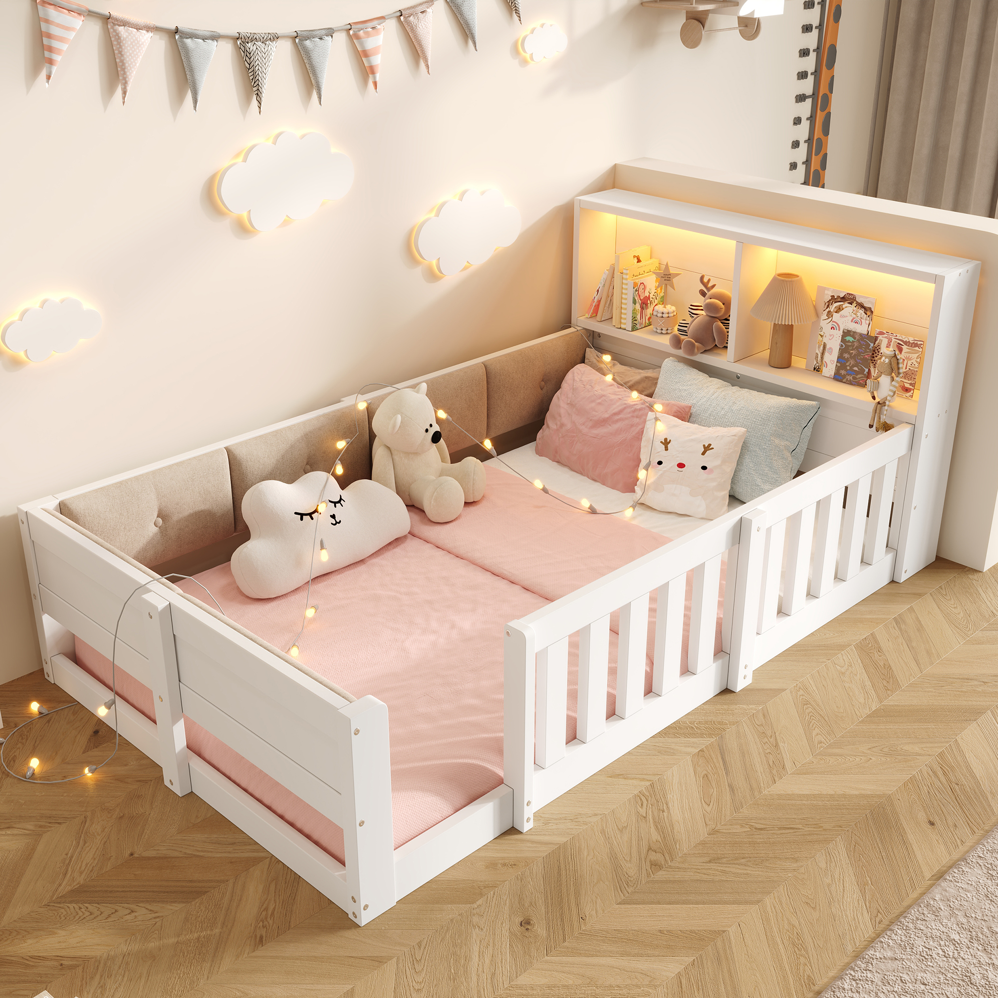 Lit enfant 90 x 200 cm avec LED et protection rembourrée, Blanc, sans matelas