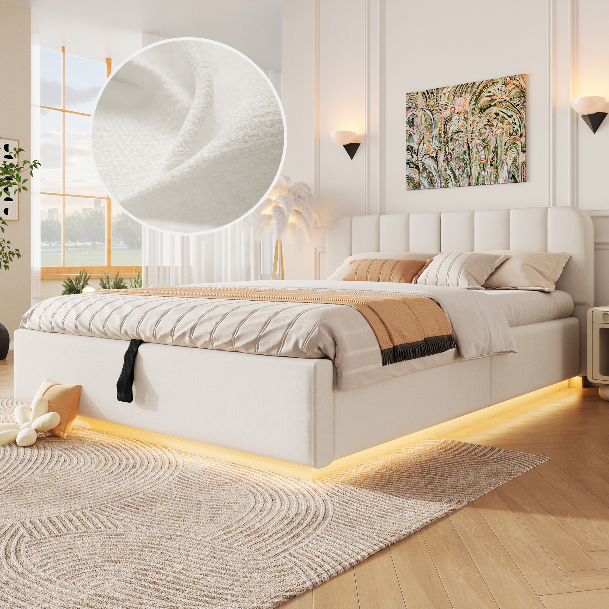 Lit coffre rembourré en chenille 140 x 200 cm avec rangement hydraulique, LED et sommier à lattes, Beige, sans matelas