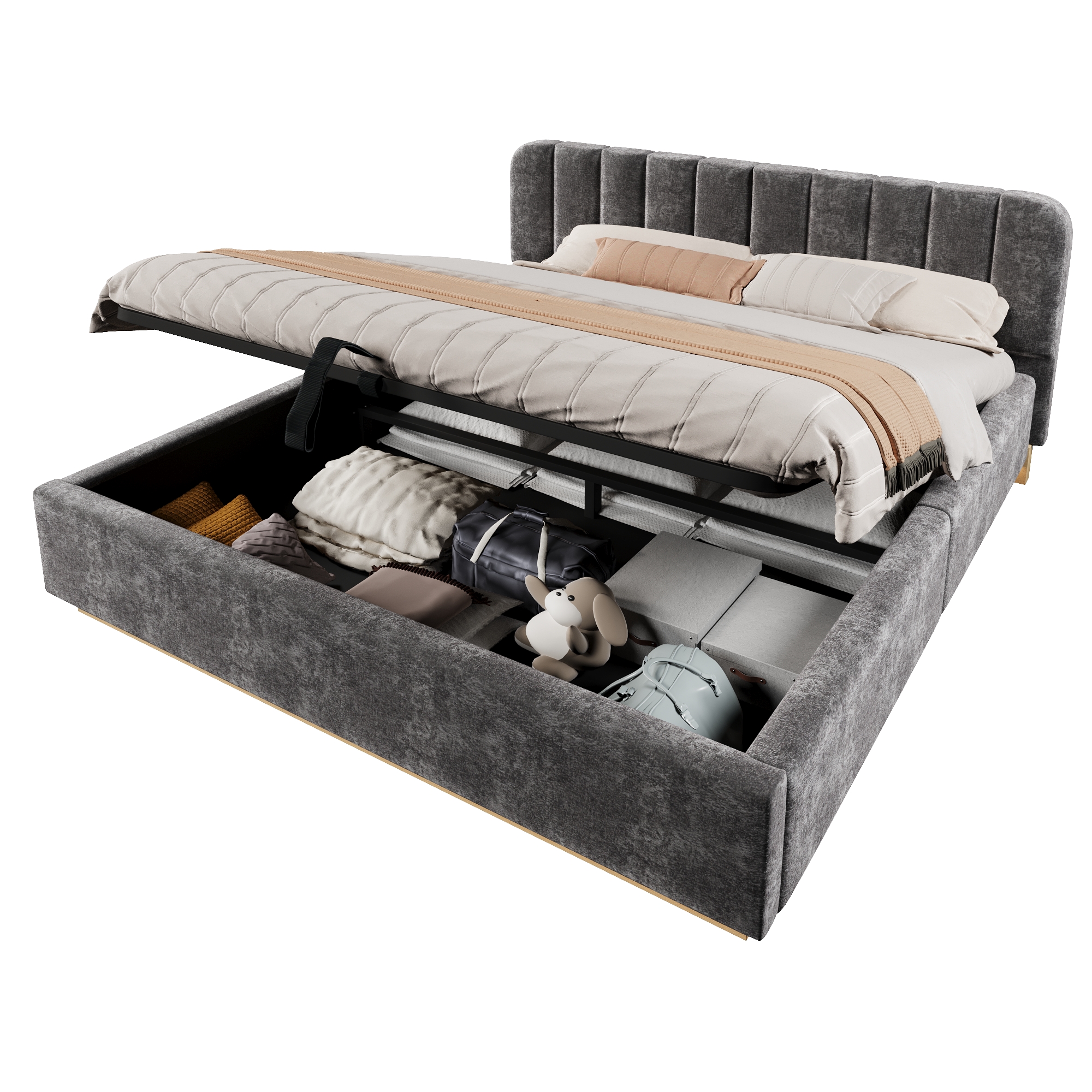 Détails de Lit coffre rembourré en chenille 180 x 200 cm avec rangement hydraulique, LED et sommier à lattes, Gris, sans matelas