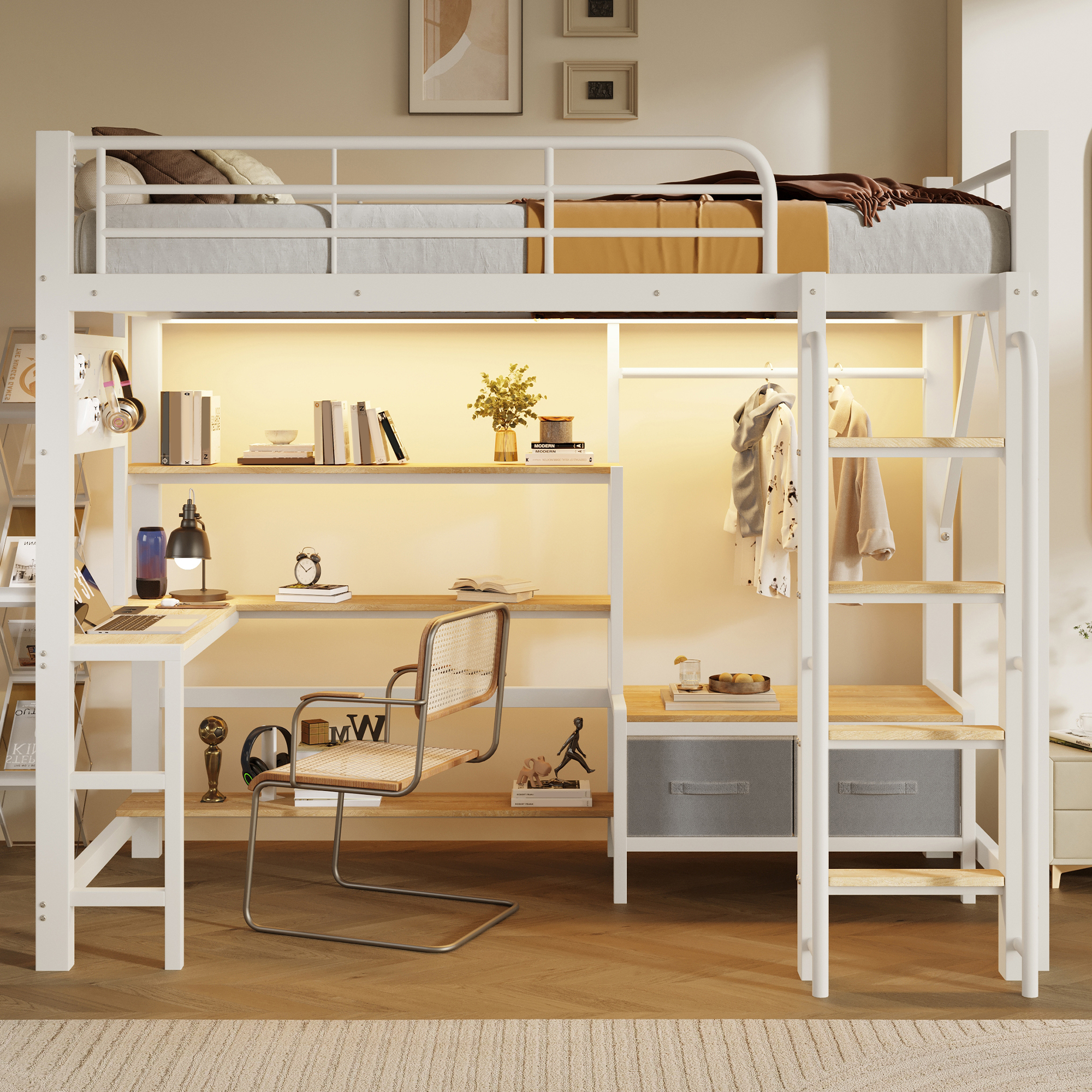 Lit mezzanine 90 x 200 cm avec éclairage LED, port USB / Type-C, prises intégrées, rangements intégrés, bureau intégré, blanc - présentation 1