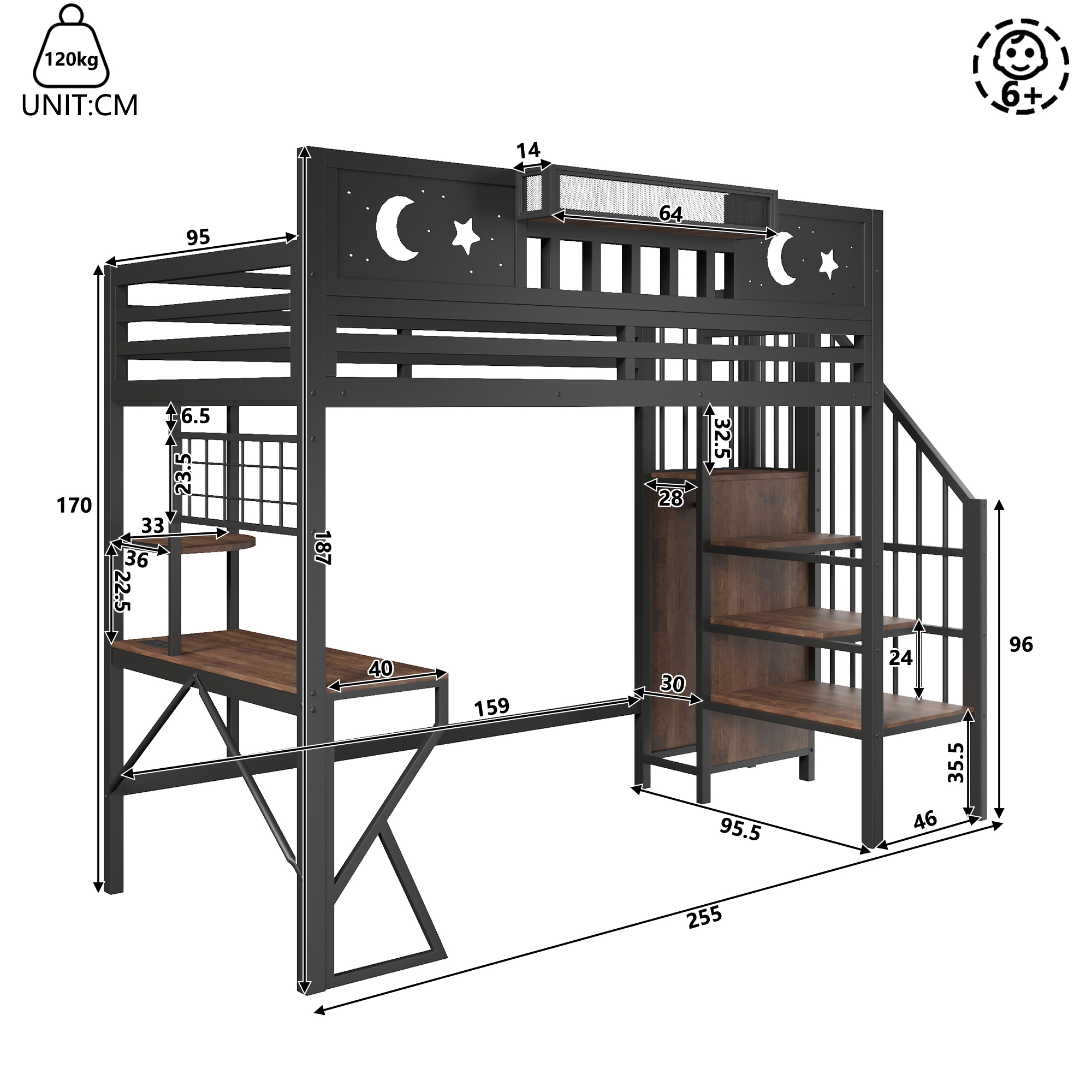 Lit mezzanine 90 x 200 cm, bureau intégré, échelle, éclairage LED au niveau du bureau, prise intégrée, métal et MDF, noir, 255 x 109 x 187 cm - vue complémentaire 1