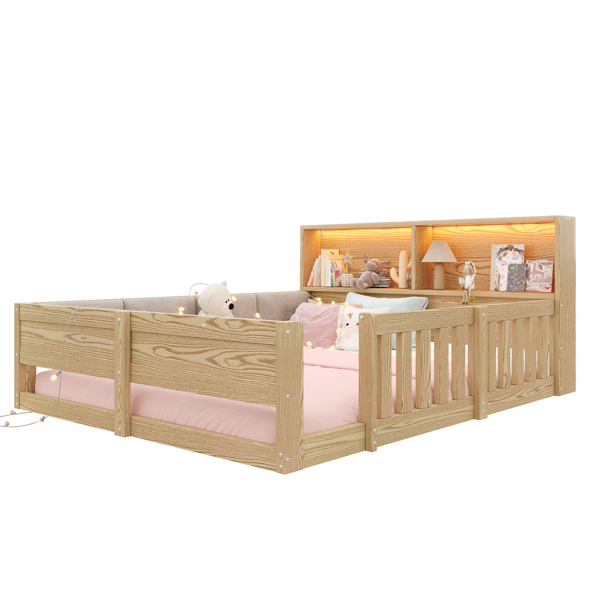 Détails de Lit enfant 140 x 200 cm avec LED et protection rembourrée, Naturel, sans matelas