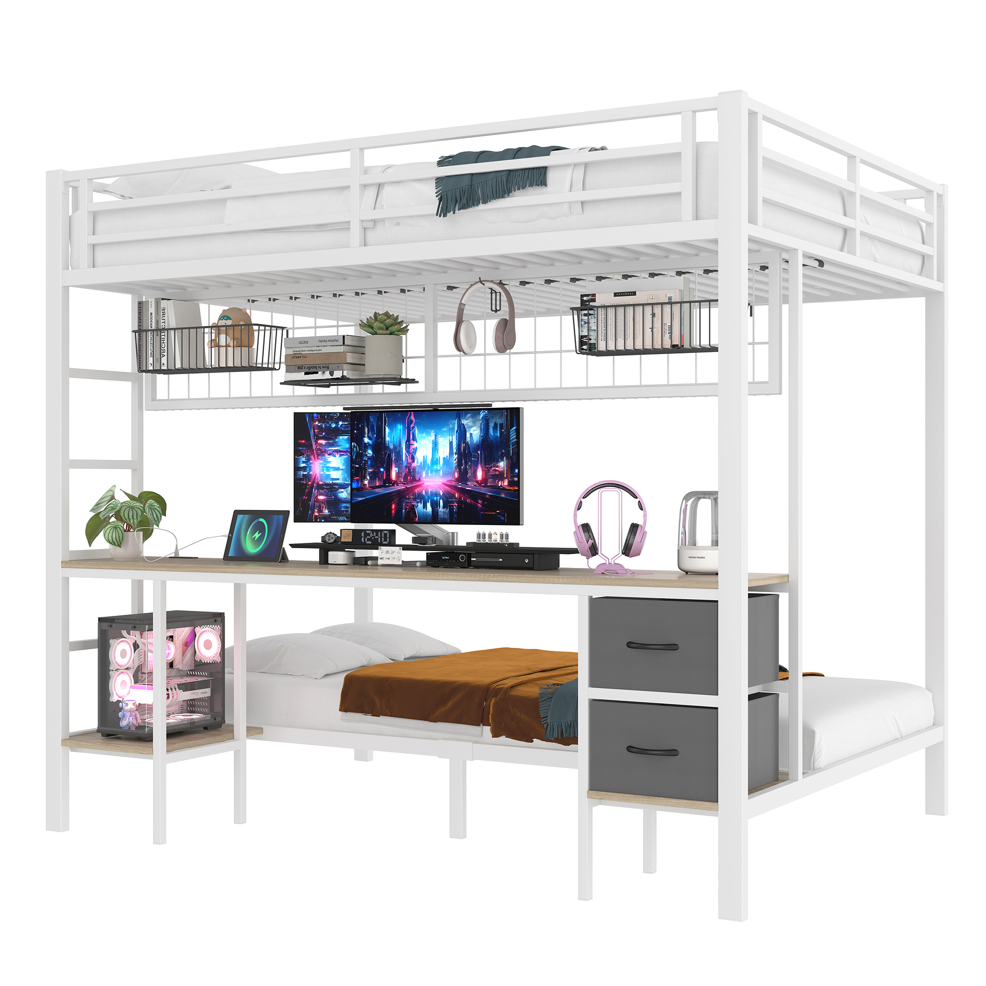 Lit mezzanine fer avec tiroirs, étagères étagées, grille suspendue, pour chambre d'enfant et étude, structure stable, beaucoup de rangement, organisation personnalisée, design fonctionnel, sécurité, durabilité - image 10