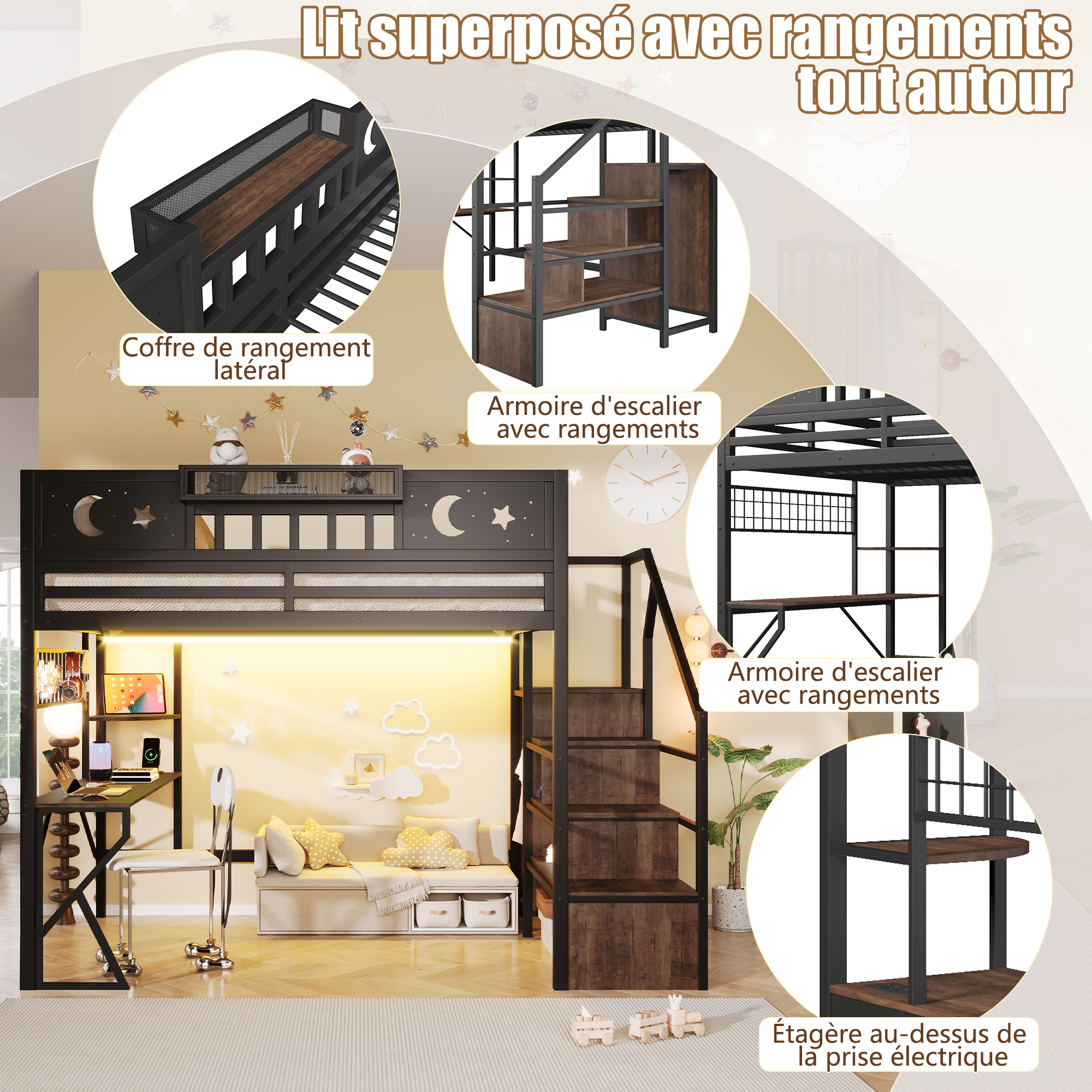 Lit mezzanine 140 x 200 cm, bureau intégré, échelle, éclairage LED au niveau du bureau, prise intégrée, métal et MDF, noir, 255 x 159 x 187 cm - spécifications 1