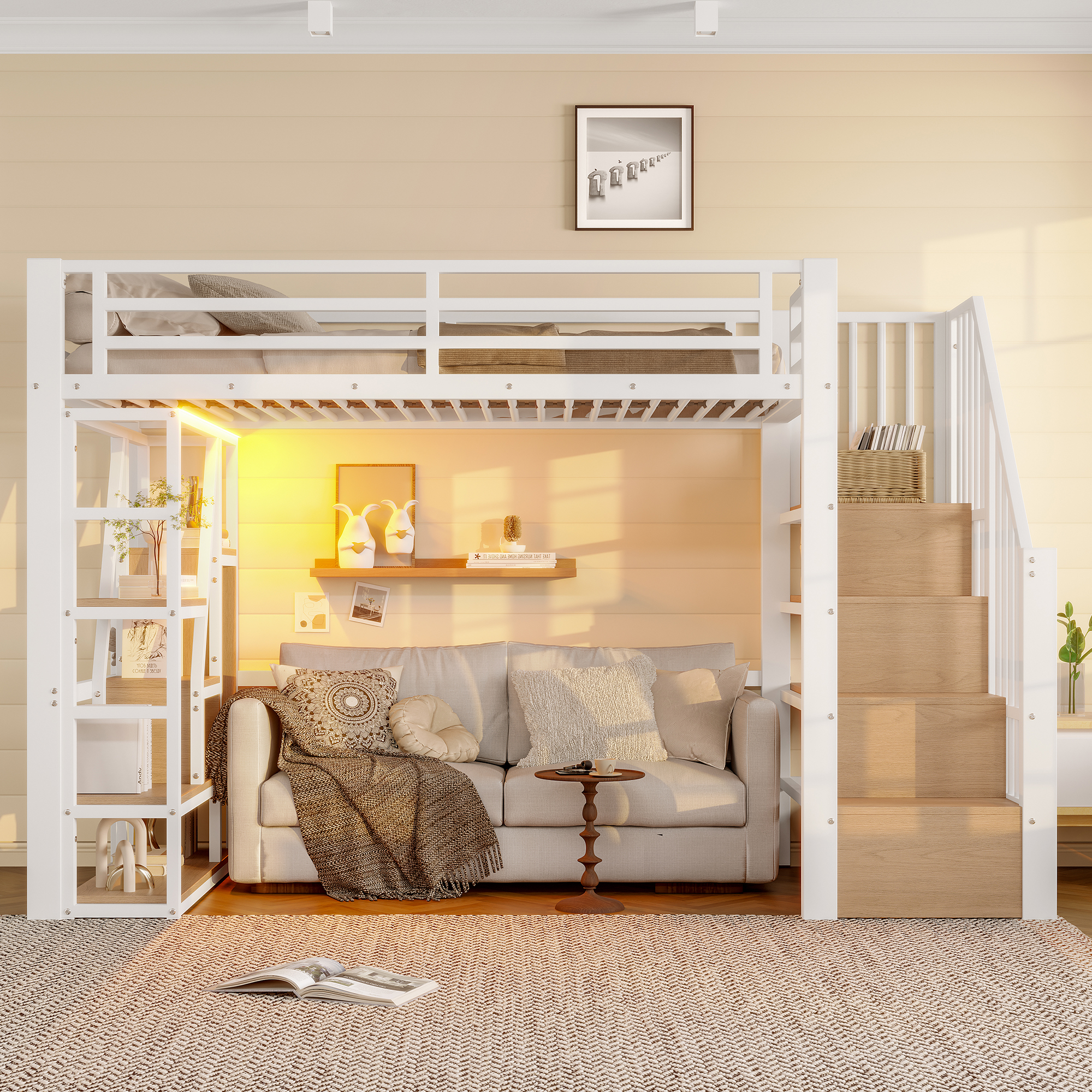 Lit mezzanine 90 x 200 cm avec éclairage LED, rangements intégrés, blanc - présentation 1
