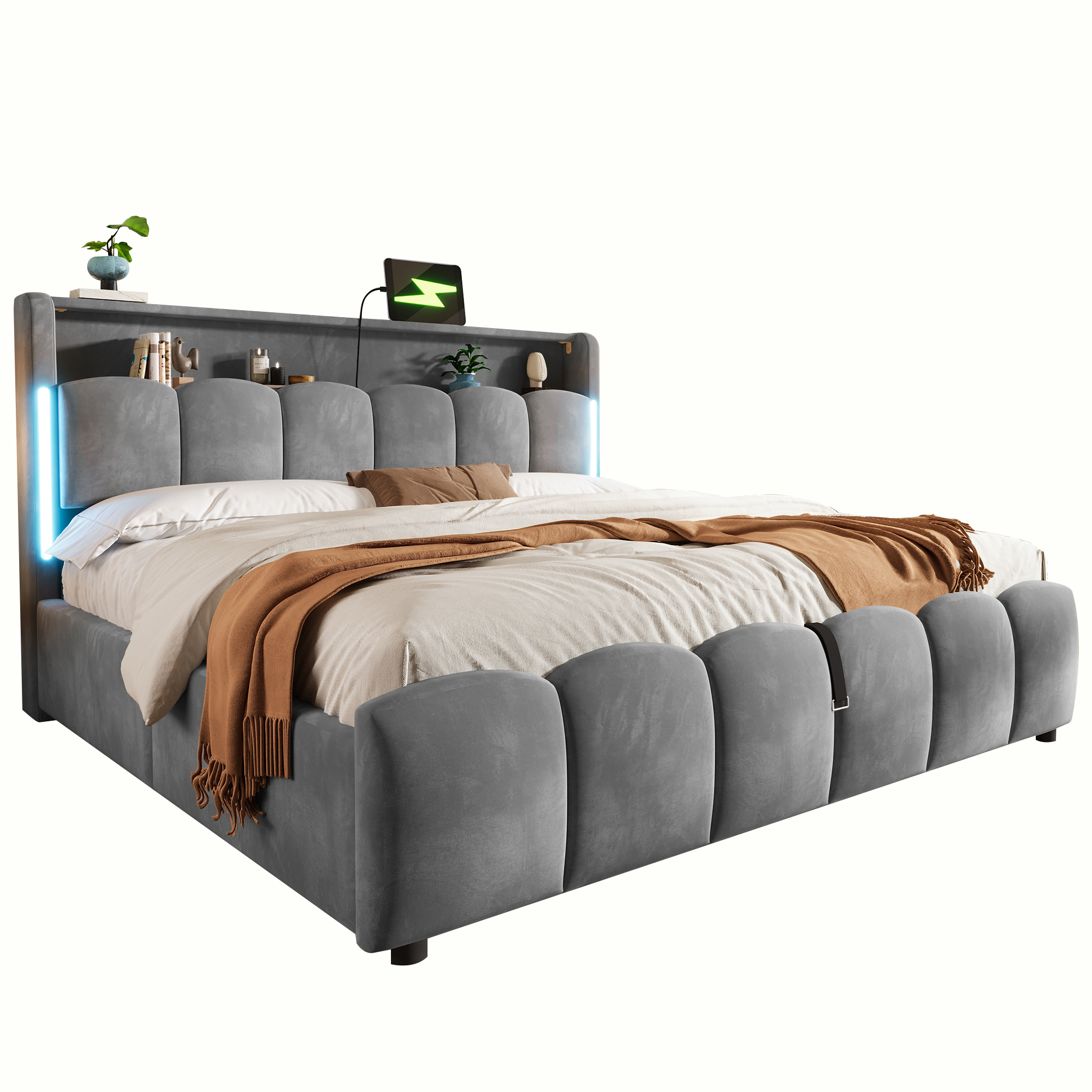 Détails de Lit coffre rembourré en velours 180 x 200 cm avec rangement hydraulique, LED, ports USB-C et tête de lit avec rangement, Gris, sans matelas