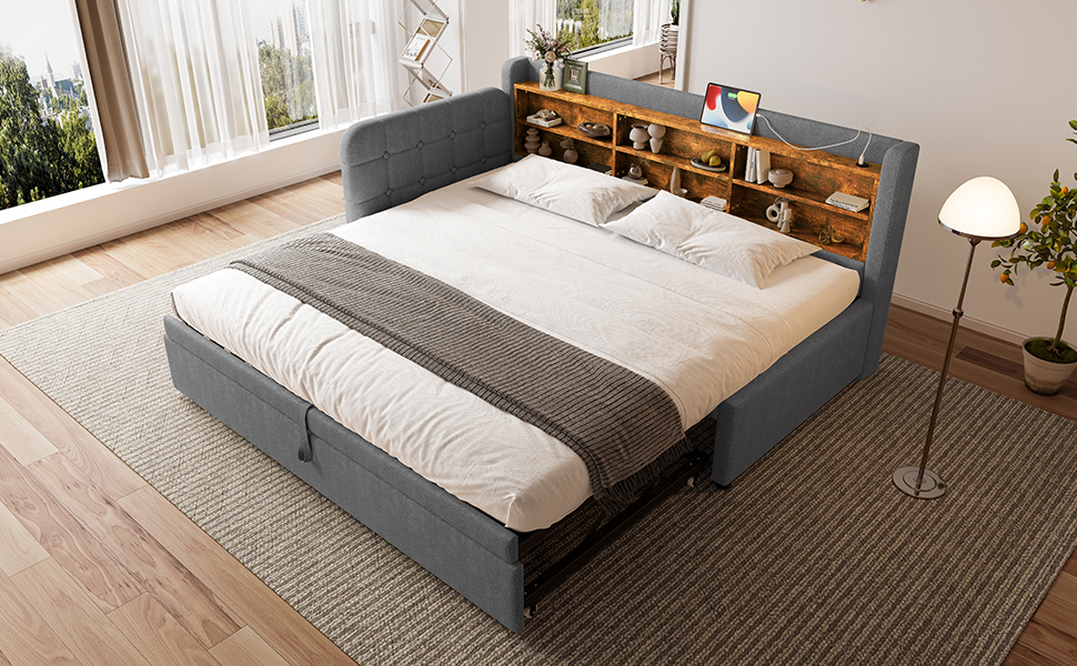 Lit en chanvre et MDF avec escamotable 180×200 cm, USB + Type-C, tête à boutons faite main, style rétro, pour petit appartement, matériau écologique, couchage spacieux, recharge au lit, design élégant, confort, fonctionnalité - image 18