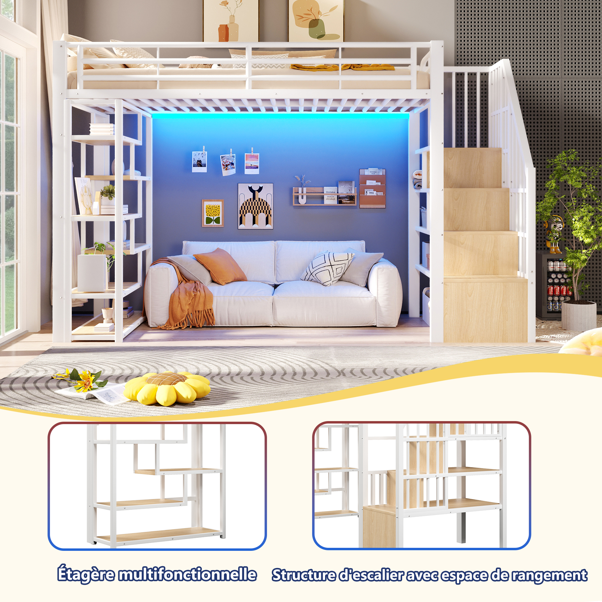 Lit mezzanine 90 x 200 cm, escalier, éclairage LED sous le couchage, garde-corps, rangements intégrés, métal et MDF, blanc, 252 x 95 x 170 cm - spécifications 1