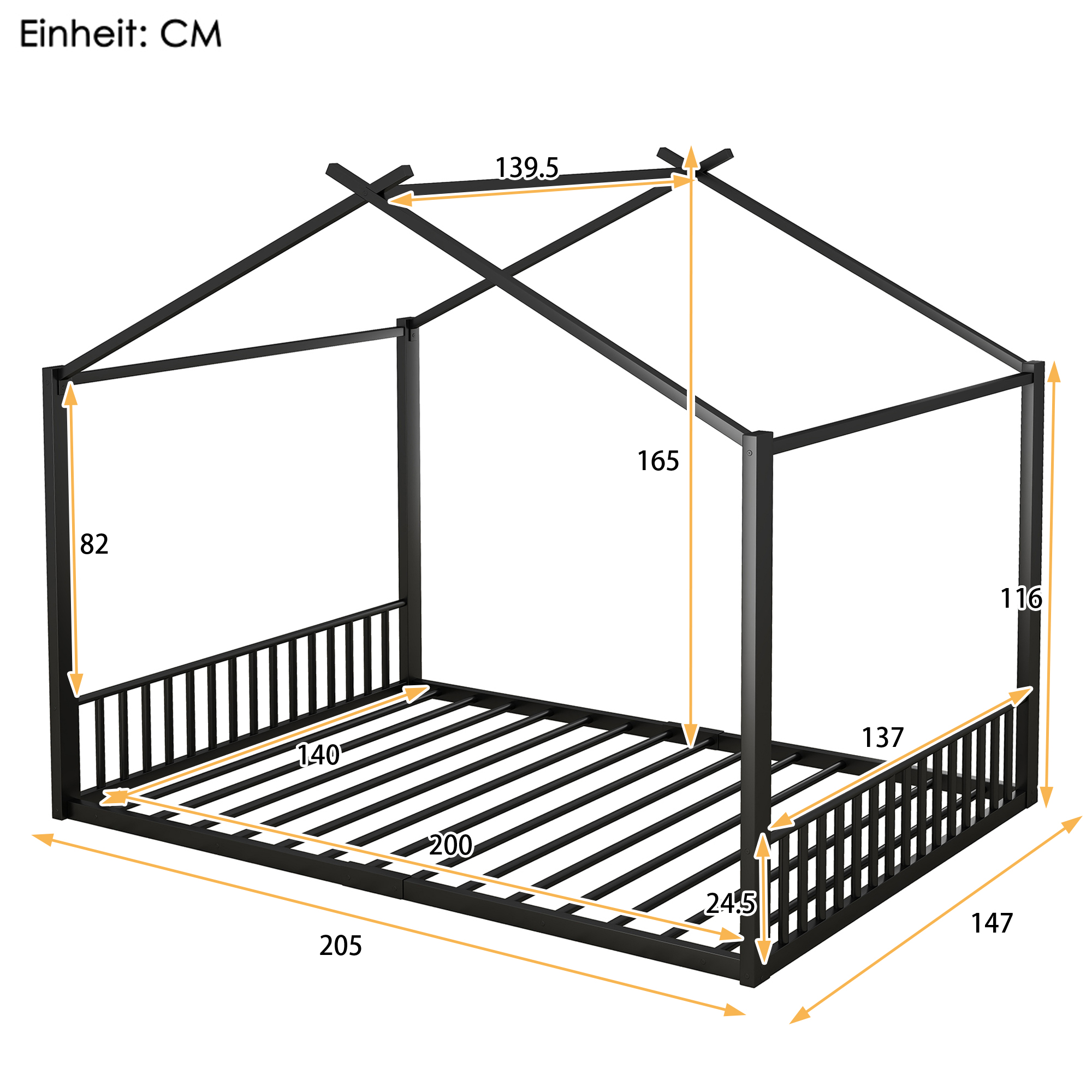 Lit mezzanine enfant en métal en forme de maison noir, pour chambre d'enfant, design unique, espace de jeu, style moderne, facile montage, stabilité, sécurité, utilisation polyvalente, décoration - image 6
