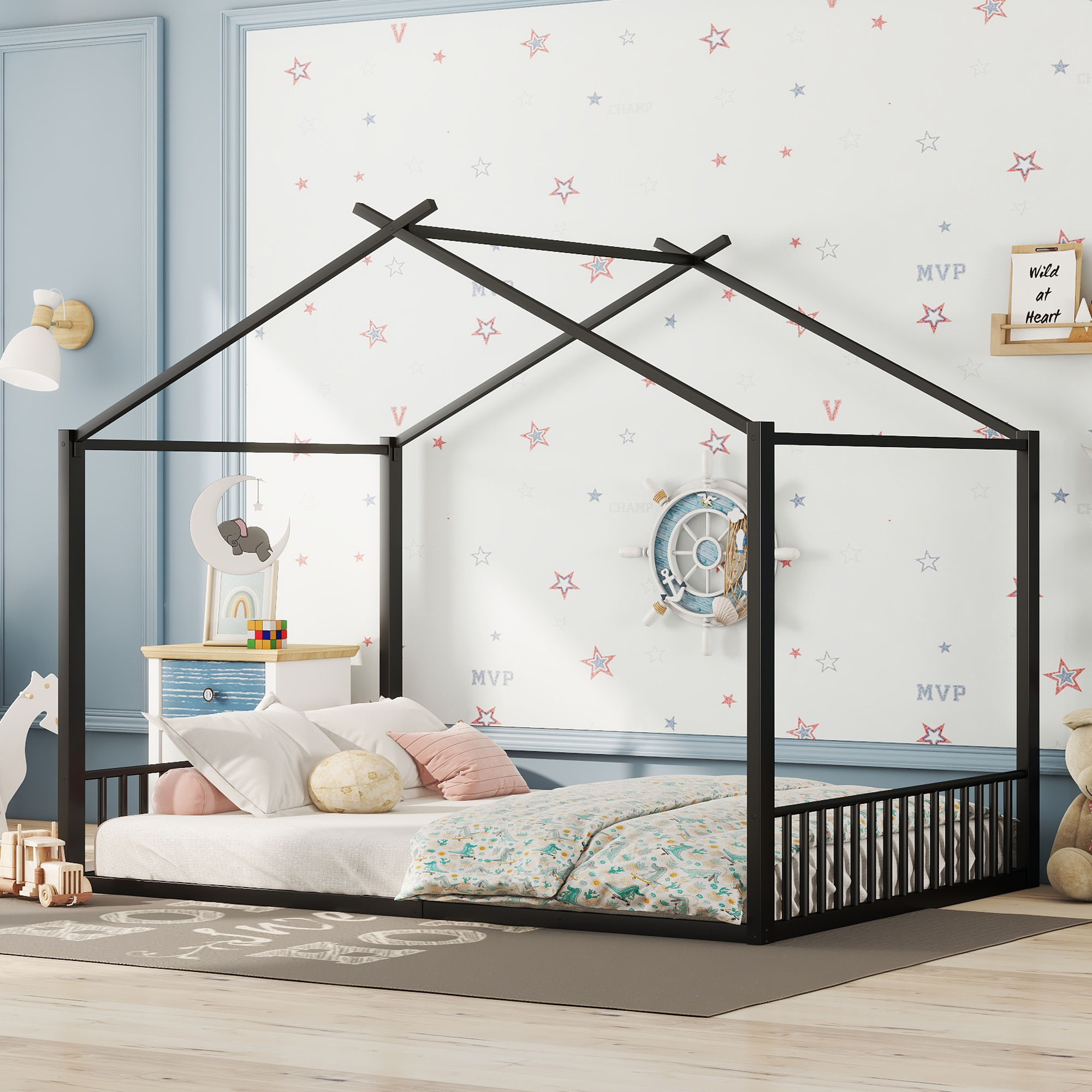 Lit mezzanine enfant en métal en forme de maison noir, pour chambre d'enfant, design unique, espace de jeu, style moderne, facile montage, stabilité, sécurité, utilisation polyvalente, décoration - image 1