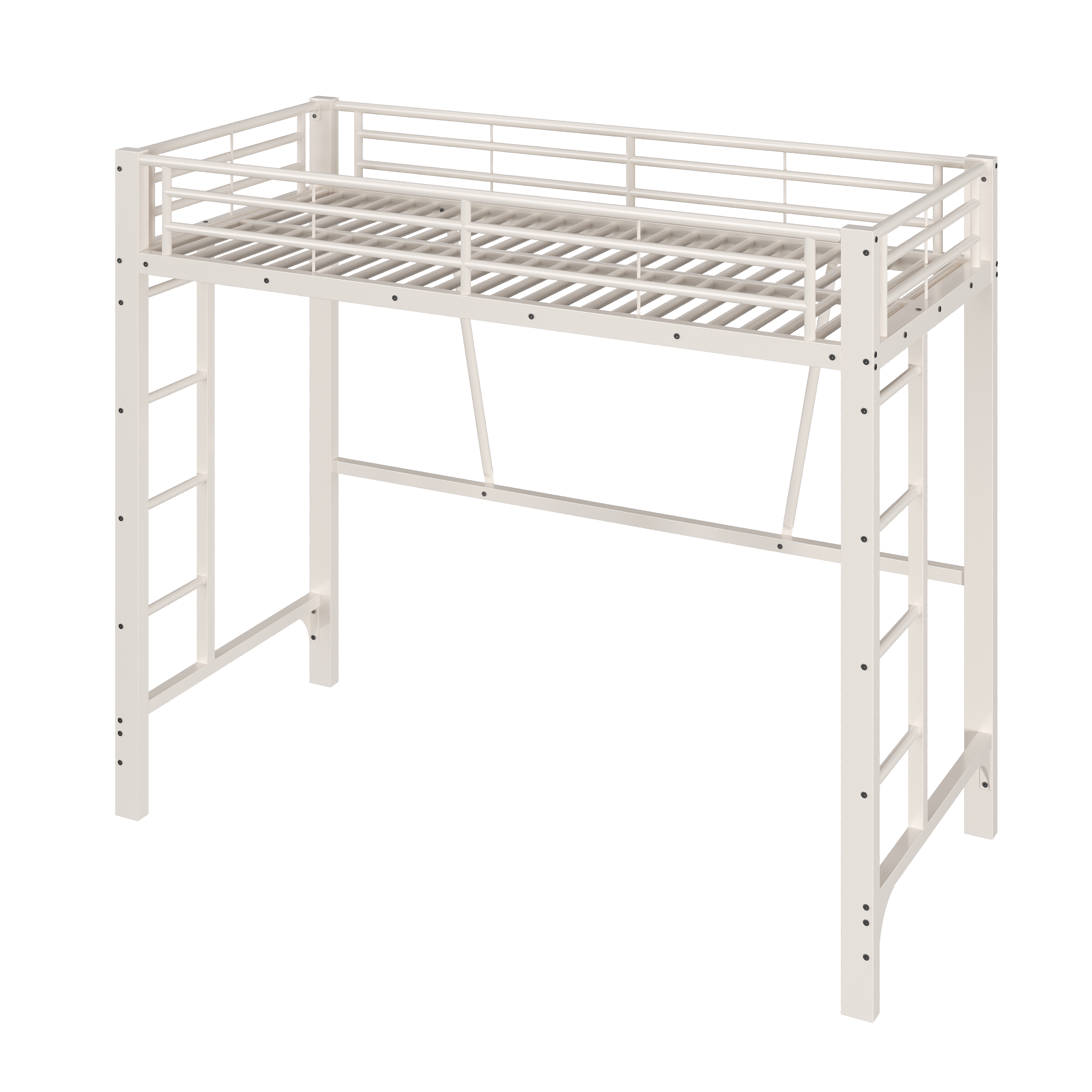 Présentation de Lit mezzanine en métal 90 x 200 cm avec double échelle, rangements, espace inférieur ouvert et barrières de sécurité, Blanc, sans matelas